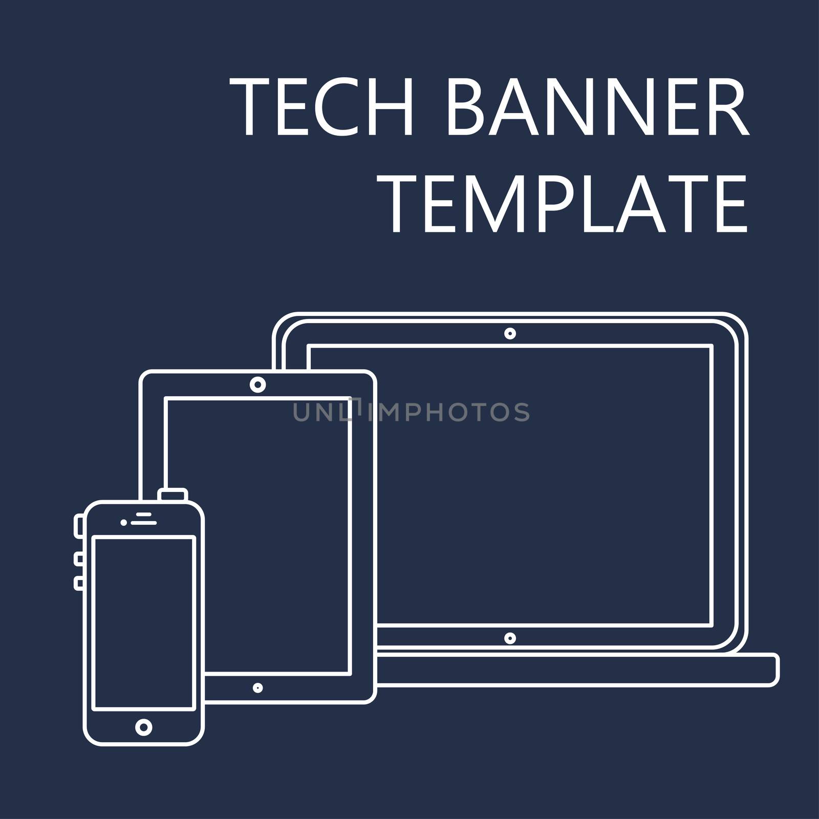 Adaptive Web Phone Template and Gadget Banner on Smartphone, Tablet, Notebook. Outline minimalistic pad, phone, laptop mockups. Vector