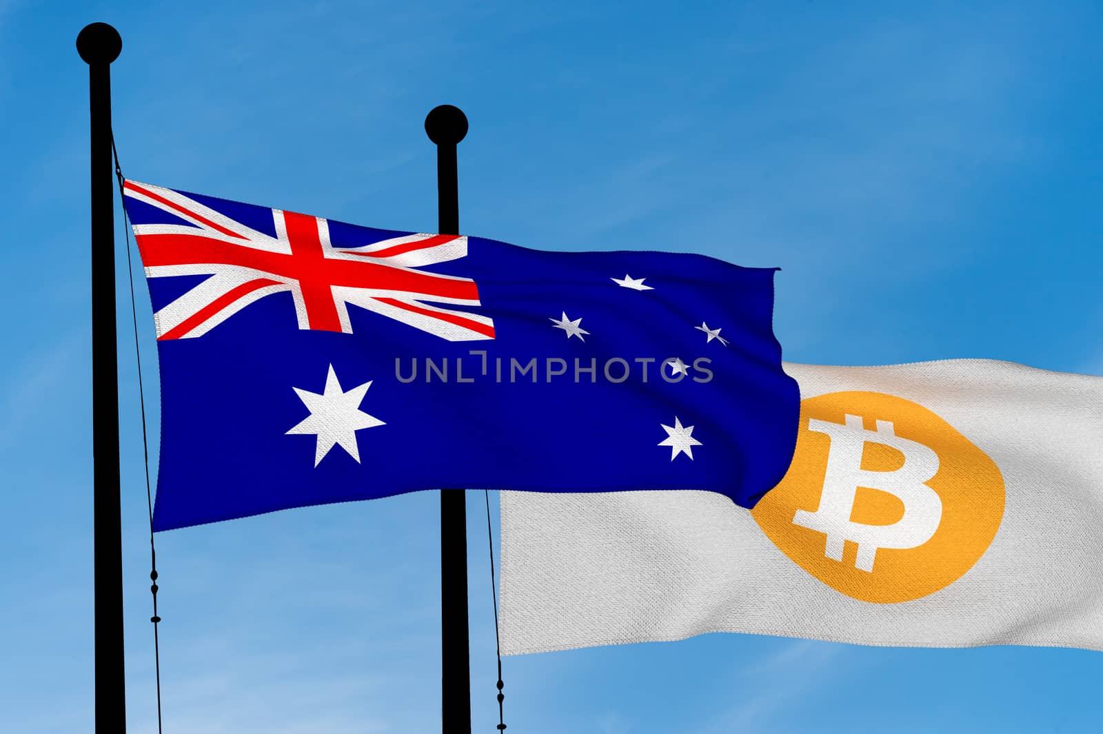 Australian flag and Bitcoin Flag waving over blue sky (3D rendering)
