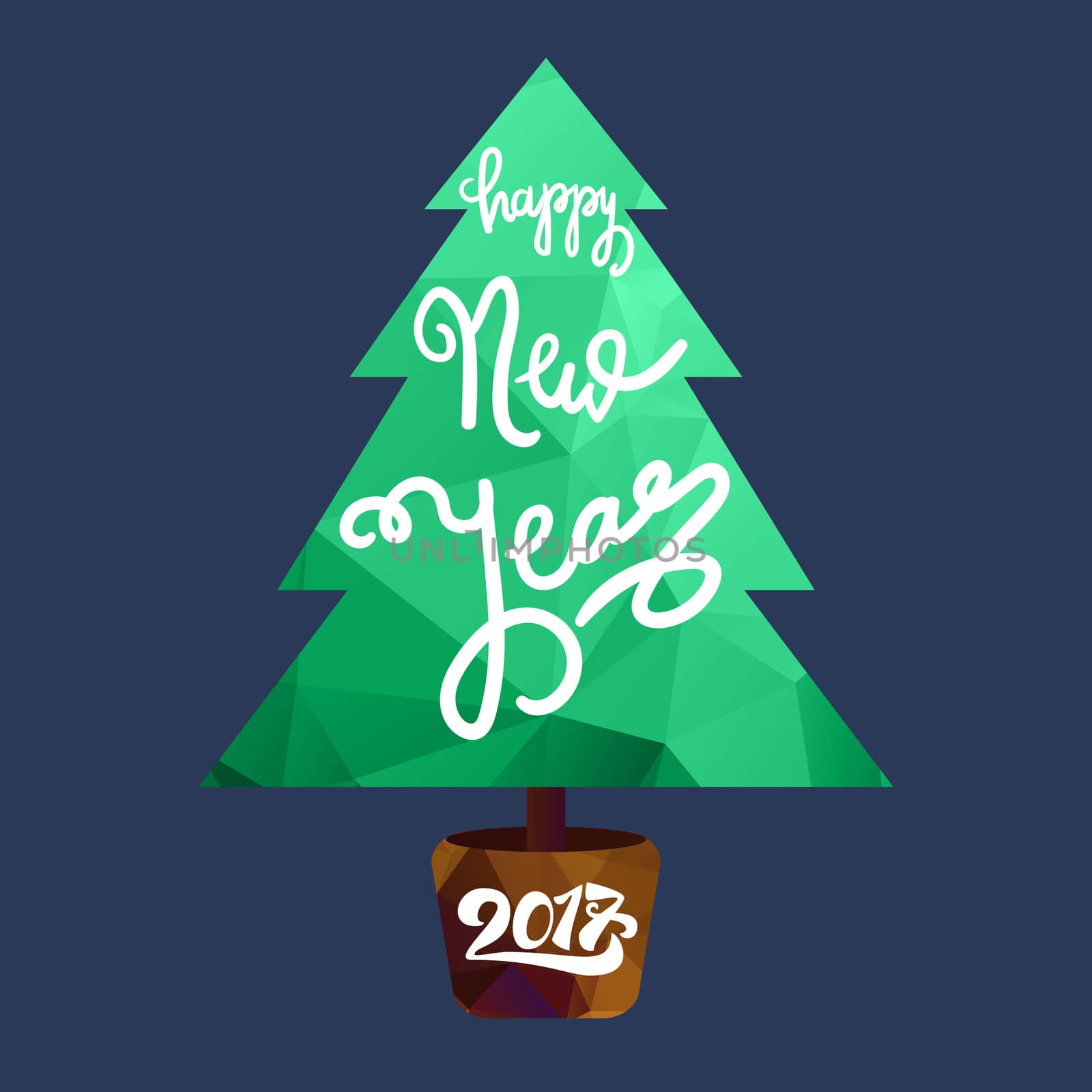 Happy New 2017 Year Lettering in Christmas tree. Winter holiday illustration. Xmas Design Label Elements for invitation, greeting, card and headline, title, sticker, emblem, print, magnet. Vector