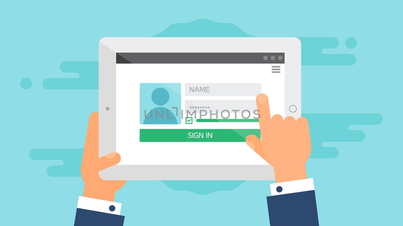 Web Template and Elements for site form of login to account on tablet. Vector