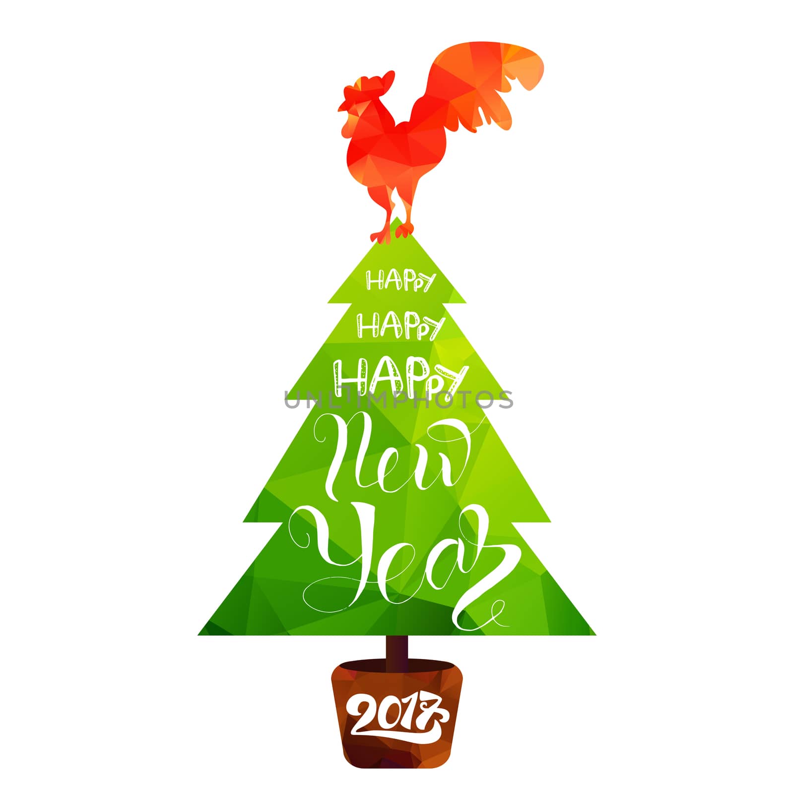 Happy New 2017 Year Lettering in Christmas Tree With Cock. Winter holiday illustration. Xmas Design Label Elements for invitation, greeting card and title, sticker, emblem, print, magnet. Vector