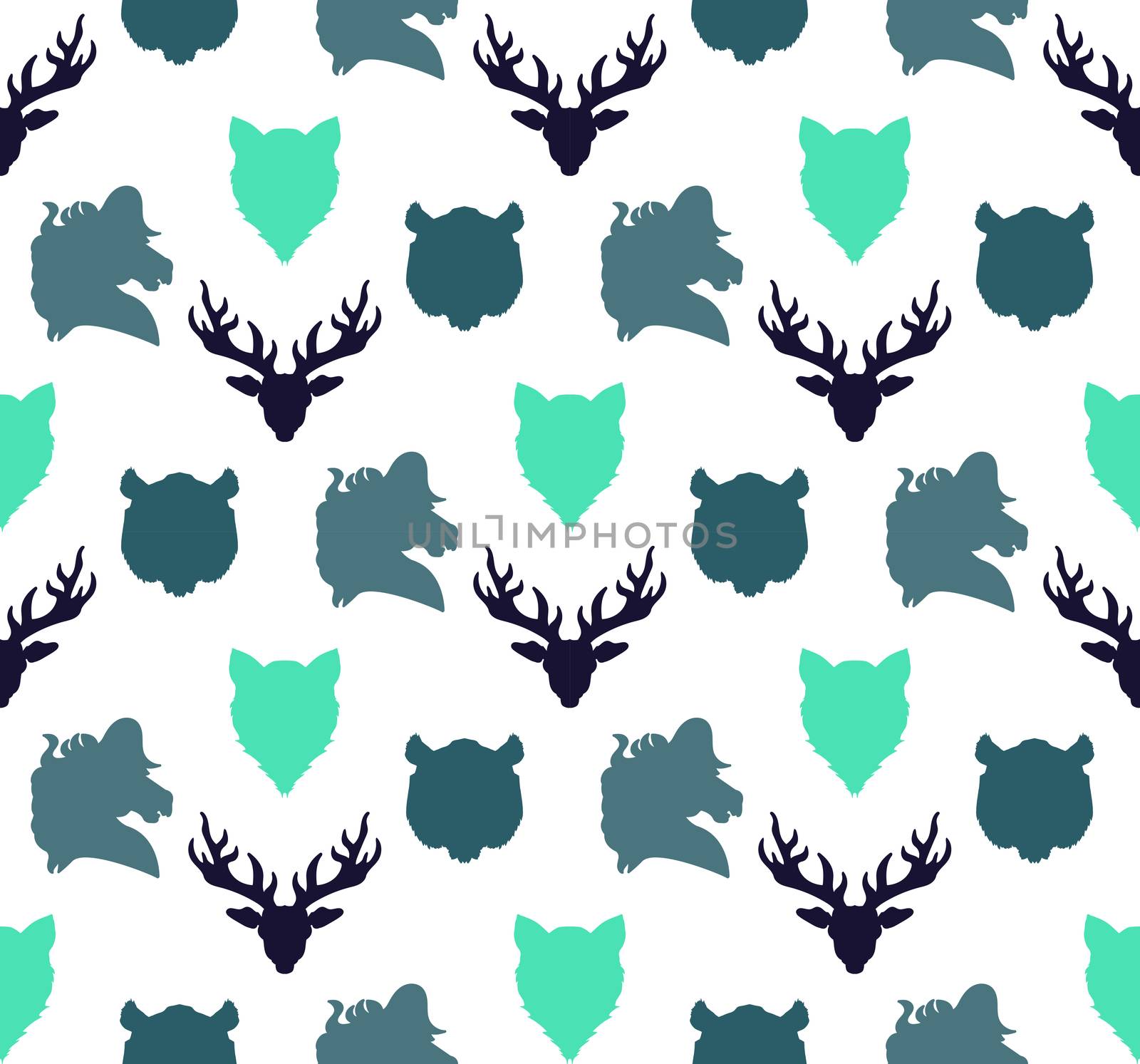 Wildlife seamless pattern. Zoo ornament for print, fabric, cloth, child items and wrap. Nature fauna wallpaper. Silhouettes head animals background. Vector