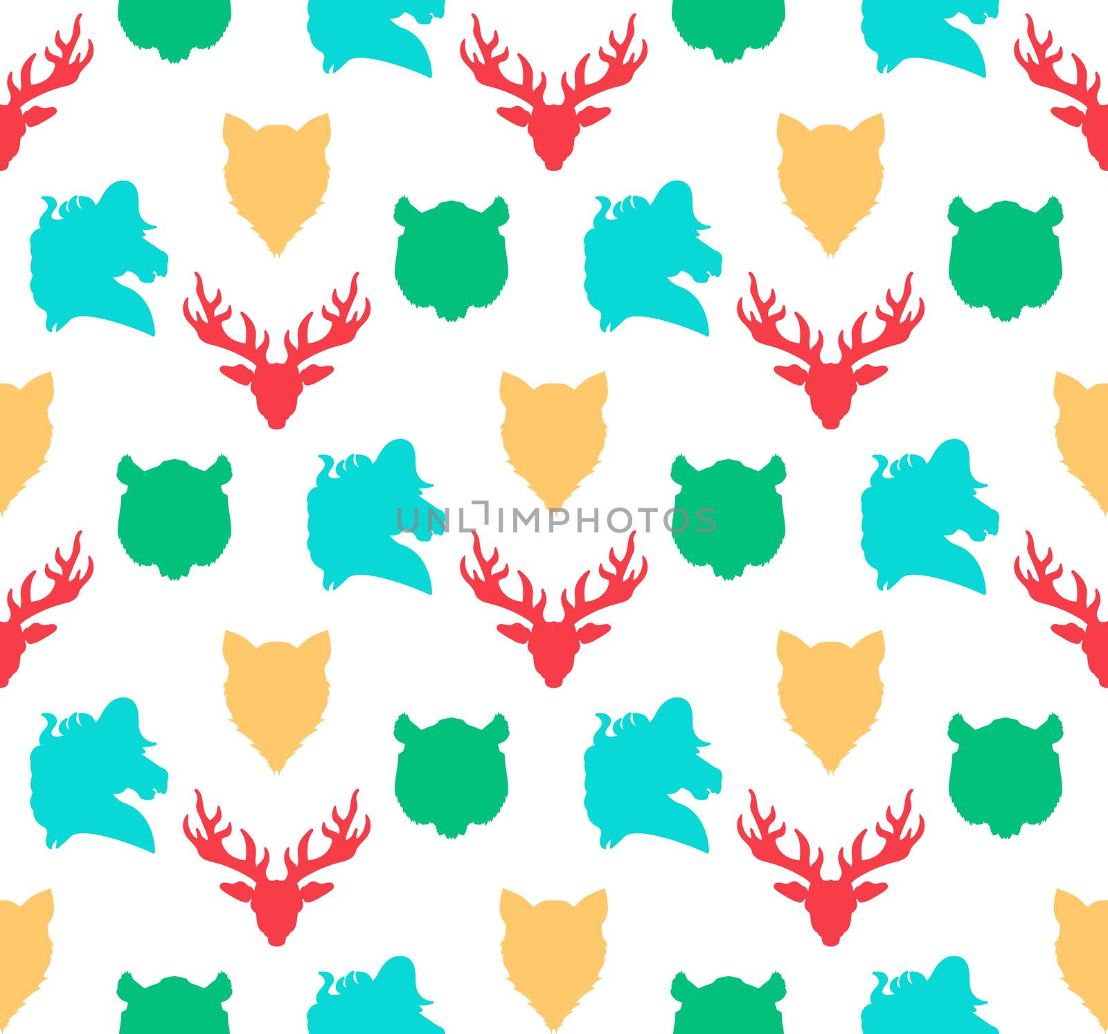 Wildlife seamless pattern. Zoo ornament for print, fabric, cloth, child items and wrap. Nature fauna wallpaper. Silhouettes head animals background. Vector