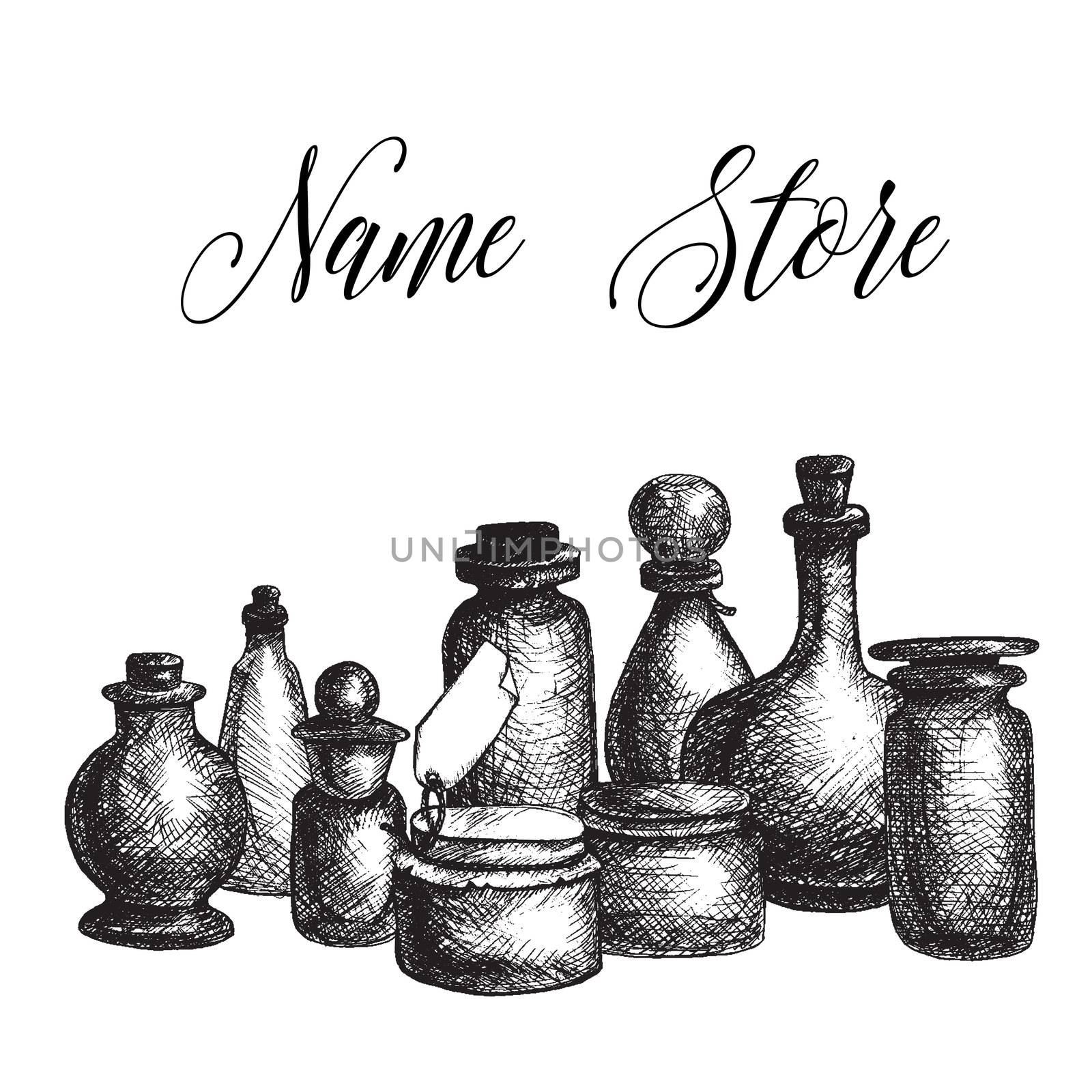 Hand drawn isolated vintage glass jars and bottles set. Containers for jams, food and attar, otto, essential oil, oils and liquid, perfume. Print, wrap, flyer, poster. Vector