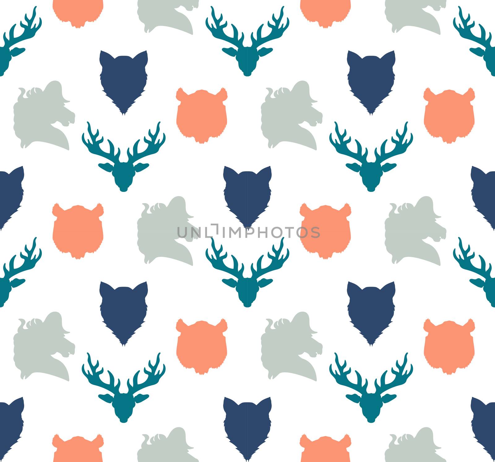 Wildlife seamless pattern. Zoo ornament for print, fabric, cloth, child items and wrap. Nature fauna wallpaper. Silhouettes head animals background. Vector