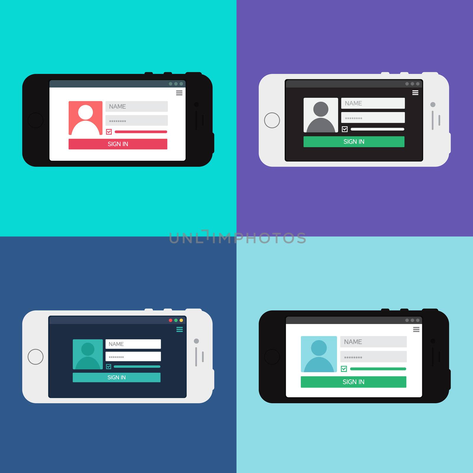 Adaptive Web Phone Template and Gadget Elements for site form of login to account on Smartphone. Vector