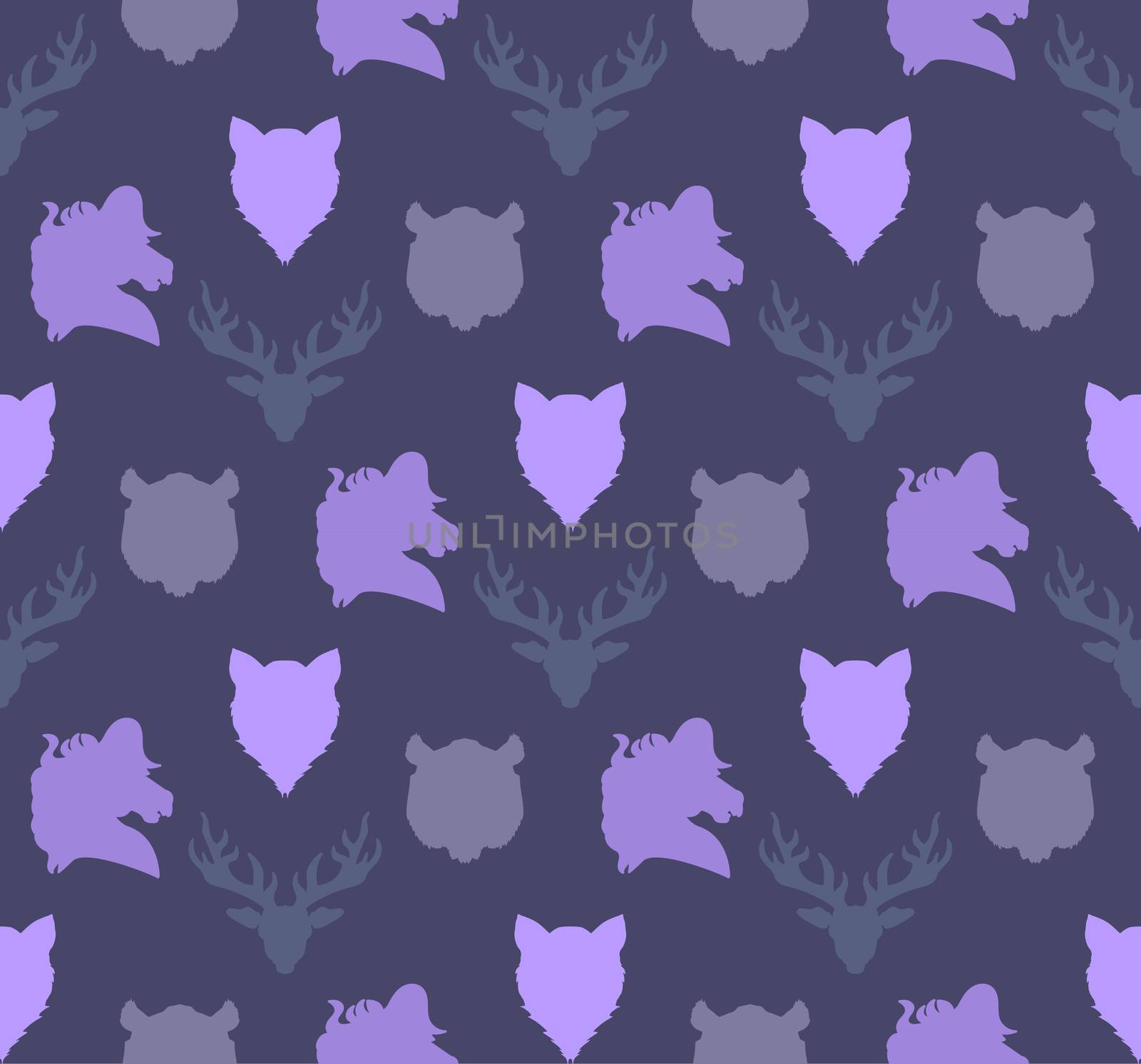 Wildlife seamless pattern. Zoo ornament for print, fabric, cloth, child items and wrap. Nature fauna wallpaper. Silhouettes head animals background. Vector