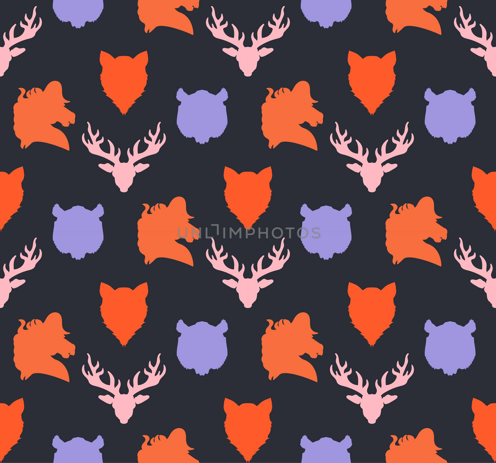 Wildlife seamless pattern. Zoo ornament for print, fabric, cloth, child items and wrap. Nature fauna wallpaper. Silhouettes head animals background. Vector