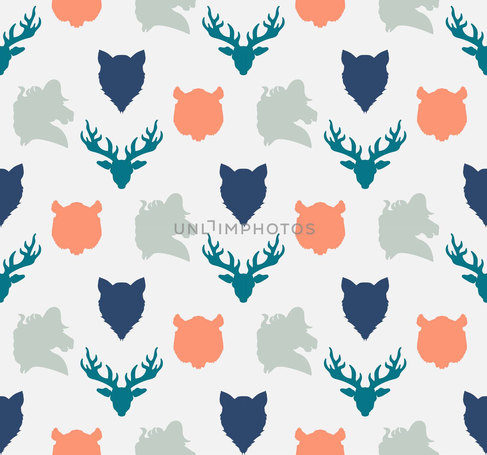 Wildlife seamless pattern. Zoo ornament for print, fabric, cloth, child items and wrap. Nature fauna wallpaper. Silhouettes head animals background. Vector