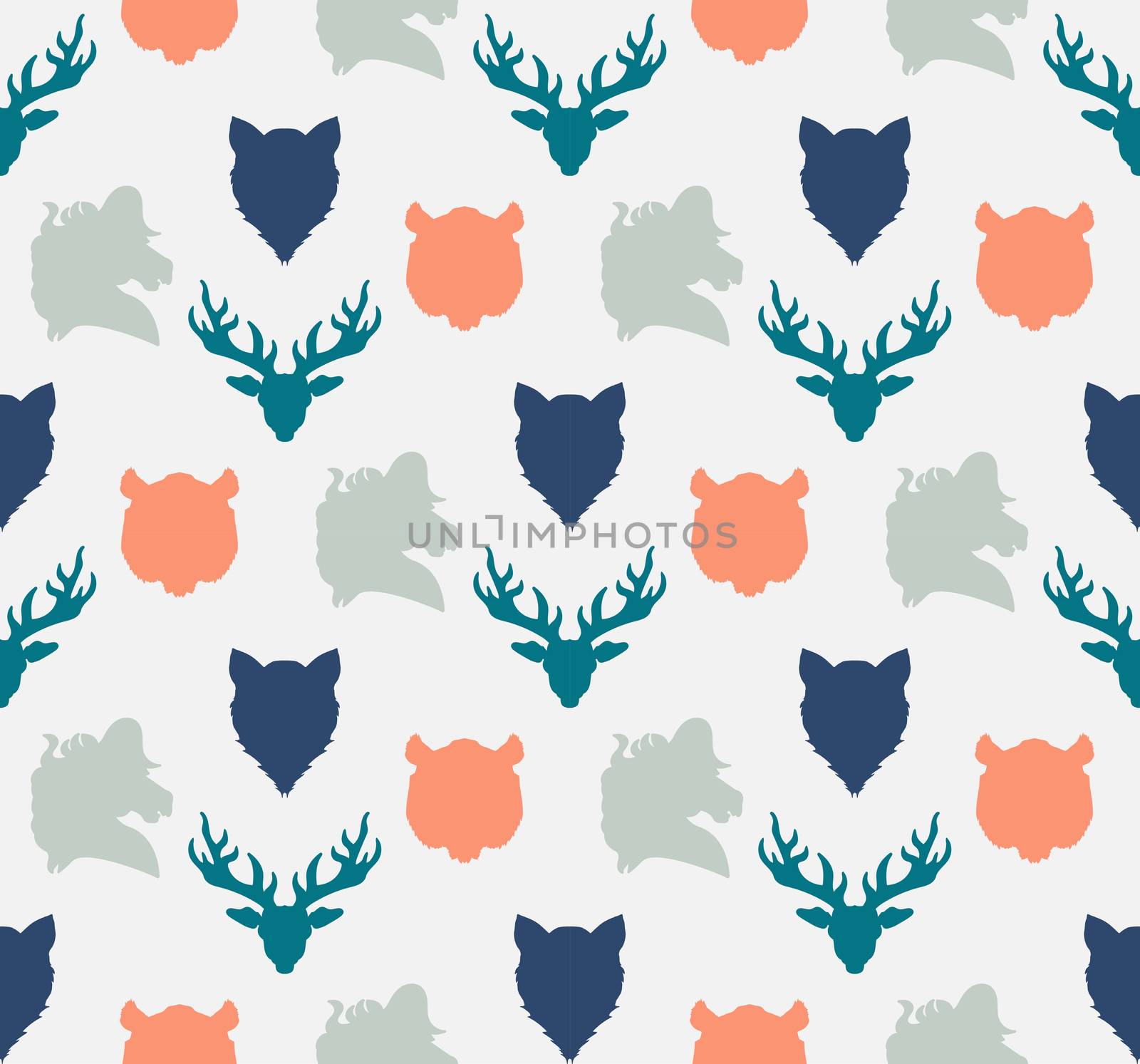 Wildlife seamless pattern. Zoo ornament for print, fabric, cloth, child items and wrap. Nature fauna wallpaper. Silhouettes head animals background. Vector