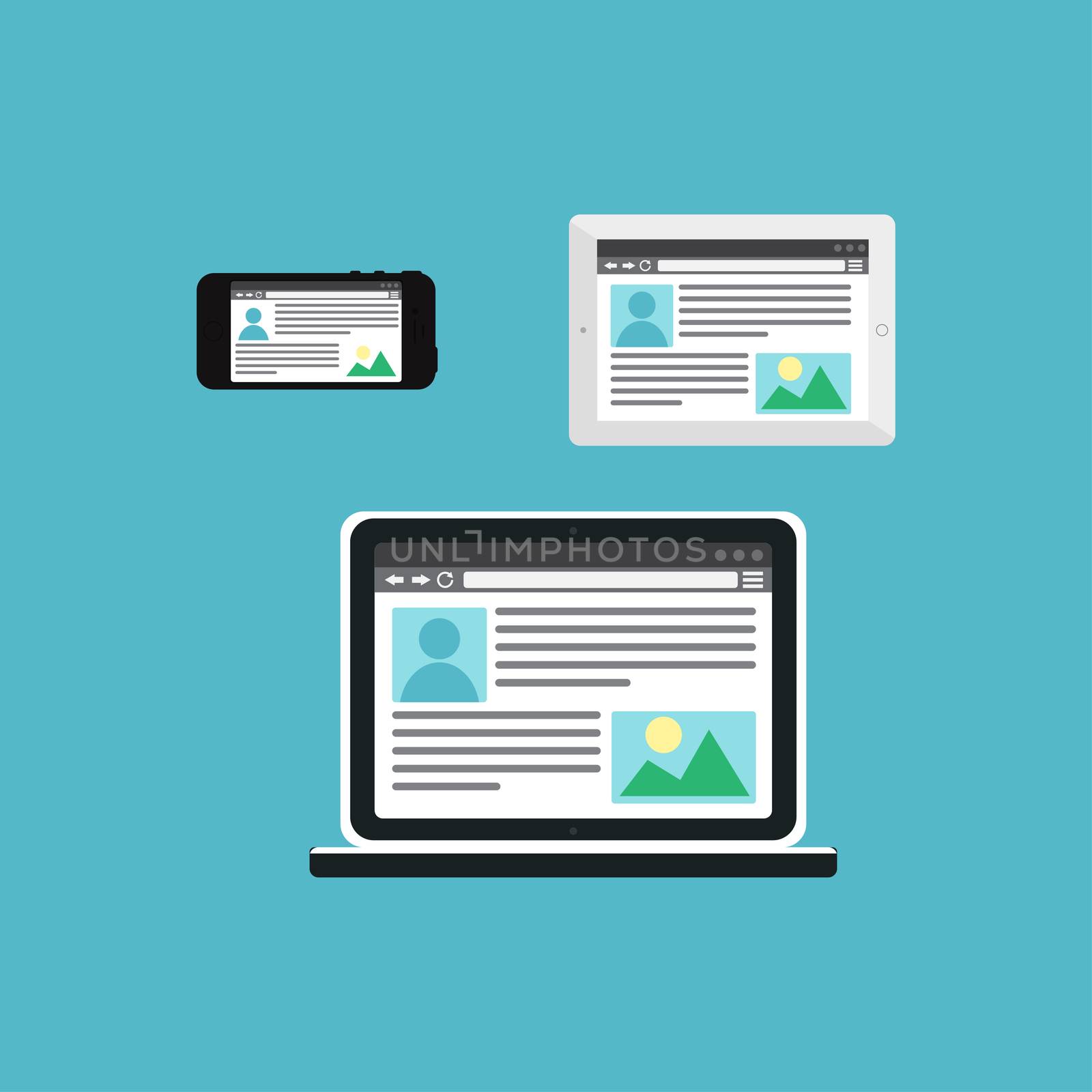 Adaptive Web Phone Template and Gadget Elements for site of blog and infographics on Smartphone, Tablet, Notebook. Outline minimalistic pad, phone, laptop mockups. Vector