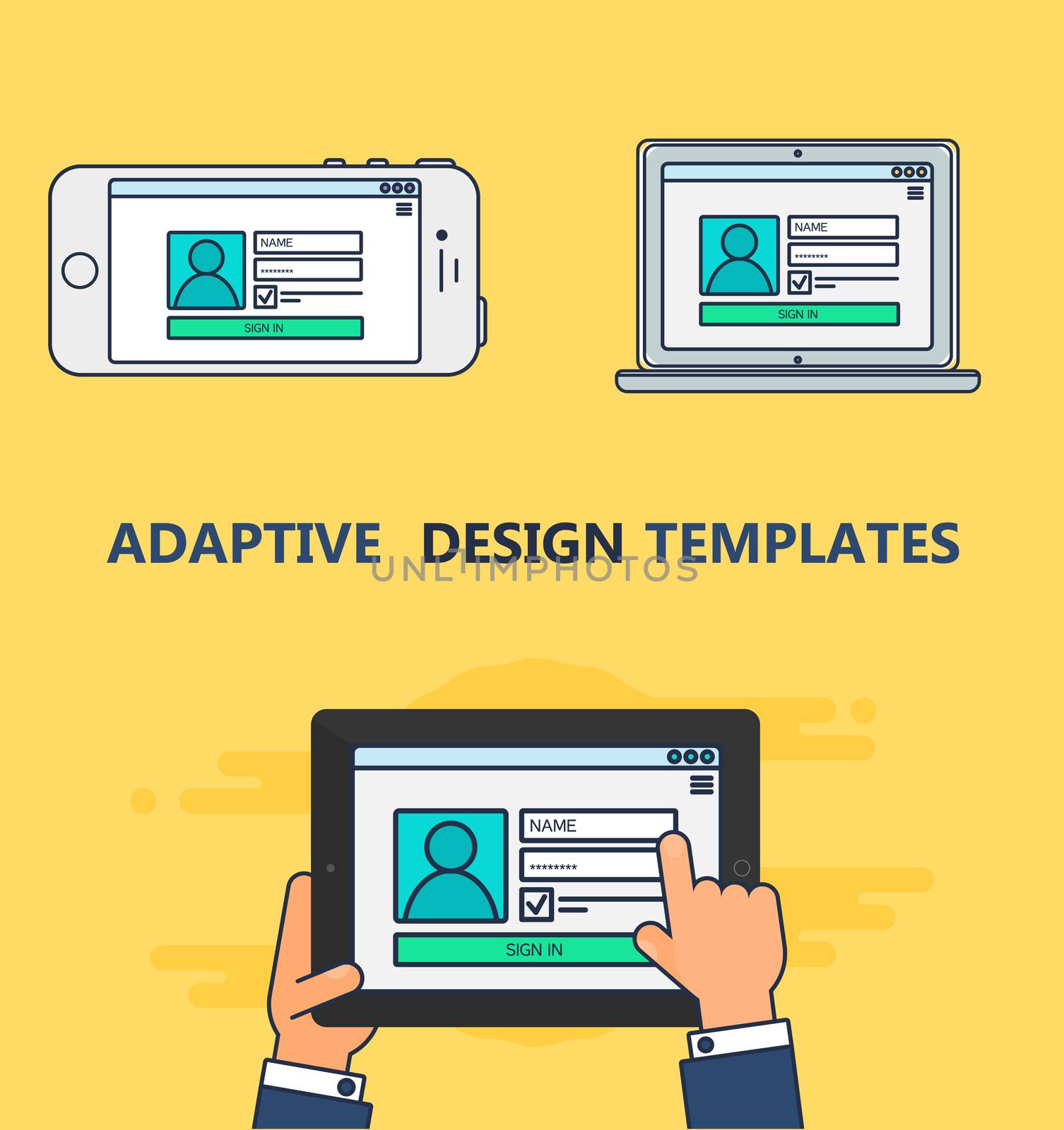 Adaptive Web Template and Gadget Elements for site form of login to account on Smartphone, Tablet, Notebook. Outline minimalistic pad, phone, laptop mockups. Vector