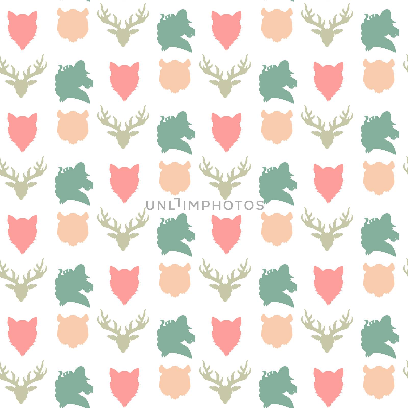 Wildlife seamless pattern. Zoo ornament for print, fabric, cloth, child items and wrap. Nature fauna wallpaper. Silhouettes head animals background. Vector