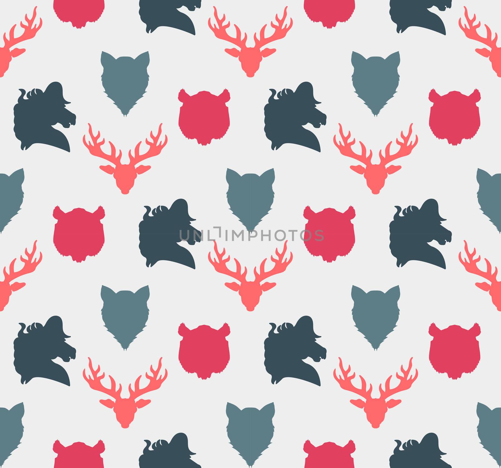 Wildlife seamless pattern. Zoo ornament for print, fabric, cloth, child items and wrap. Nature fauna wallpaper. Silhouettes head animals background. Vector