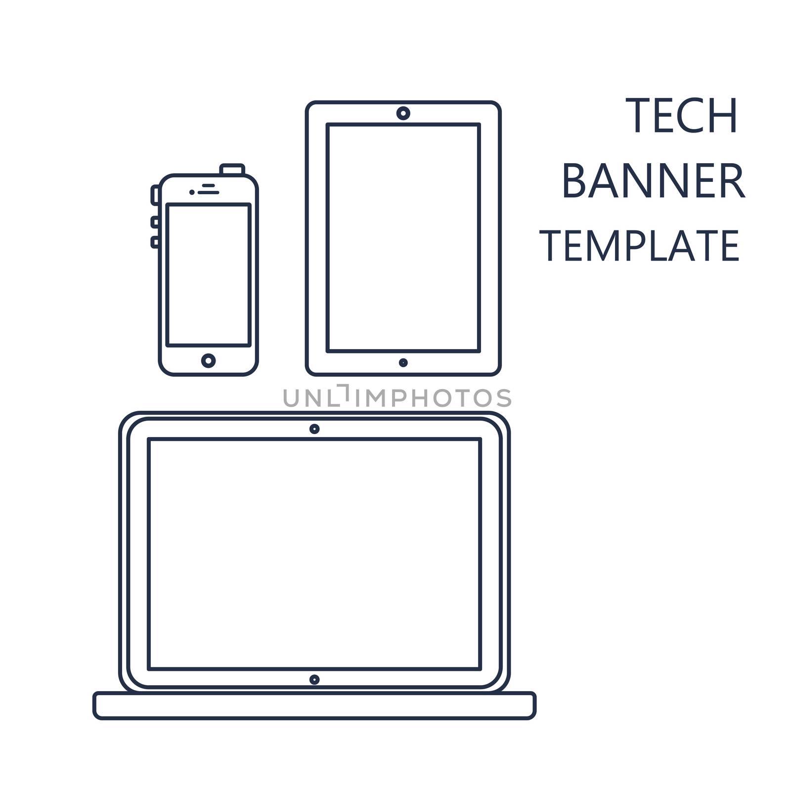 Adaptive Web Phone Template and Gadget Banner on Smartphone, Tablet, Notebook. Outline minimalistic pad, phone, laptop mockups. Vector