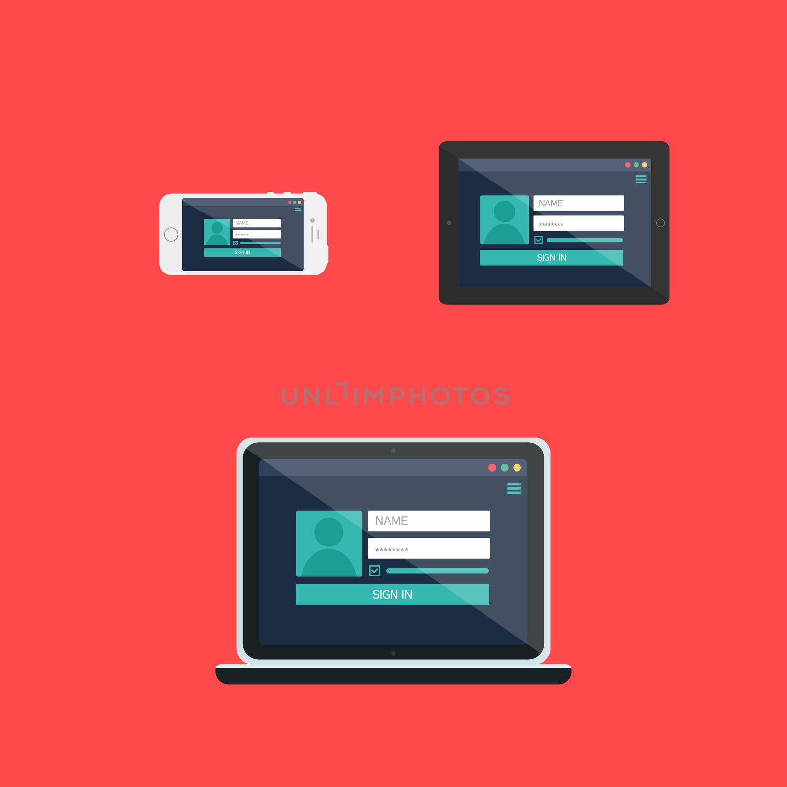 Adaptive Web Template and Gadget Elements for site form of login to account on Smartphone, Tablet, Notebook. Flat minimalistic pad, phone, laptop mockups. Vector