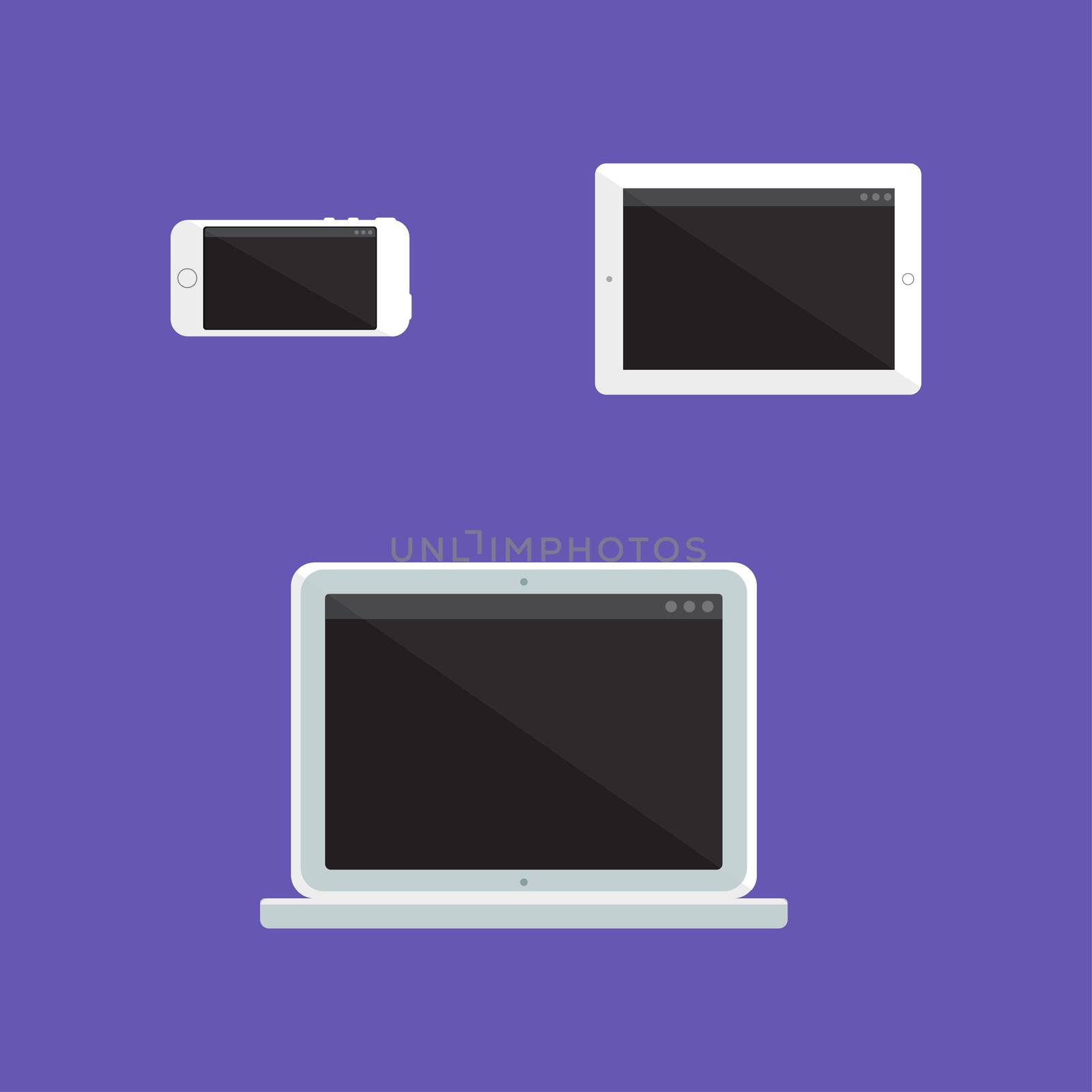 Adaptive Design Mockup. Gadget and Device Elements. White Smartphone, Tablet, Notebook Mock-up. Flat minimalistic pad, phone, laptop templates. Vector
