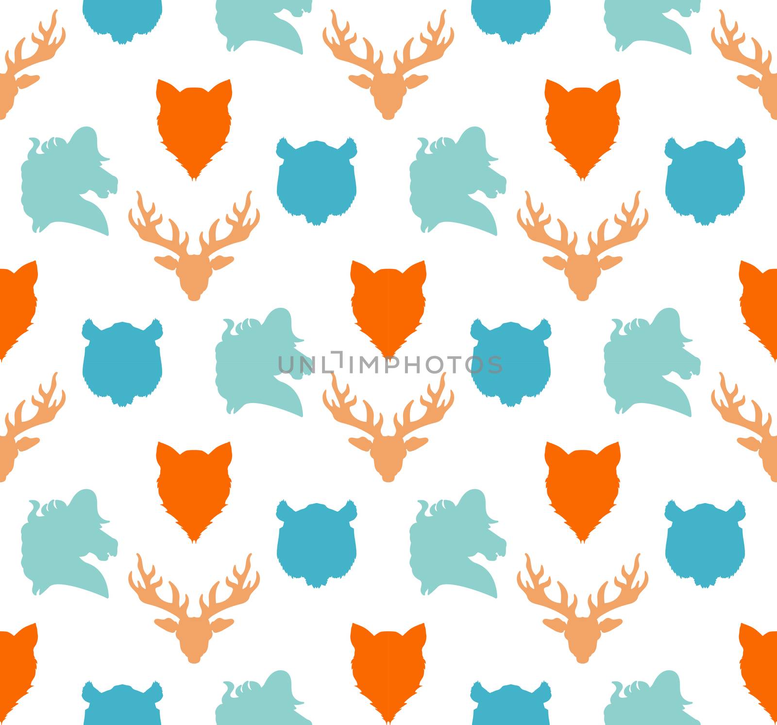 Wildlife seamless pattern. Zoo ornament for print, fabric, cloth, child items and wrap. Nature fauna wallpaper. Silhouettes head animals background. Vector