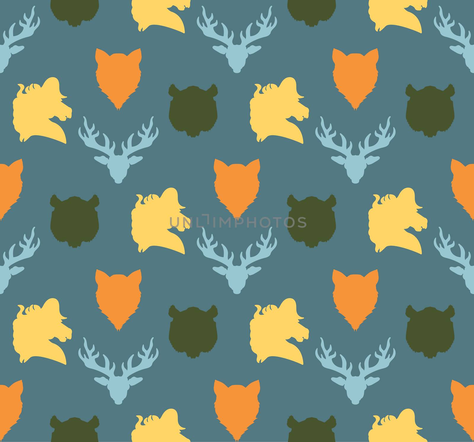 Wildlife seamless pattern. Zoo ornament for print, fabric, cloth, child items and wrap. Nature fauna wallpaper. Silhouettes head animals background. Vector