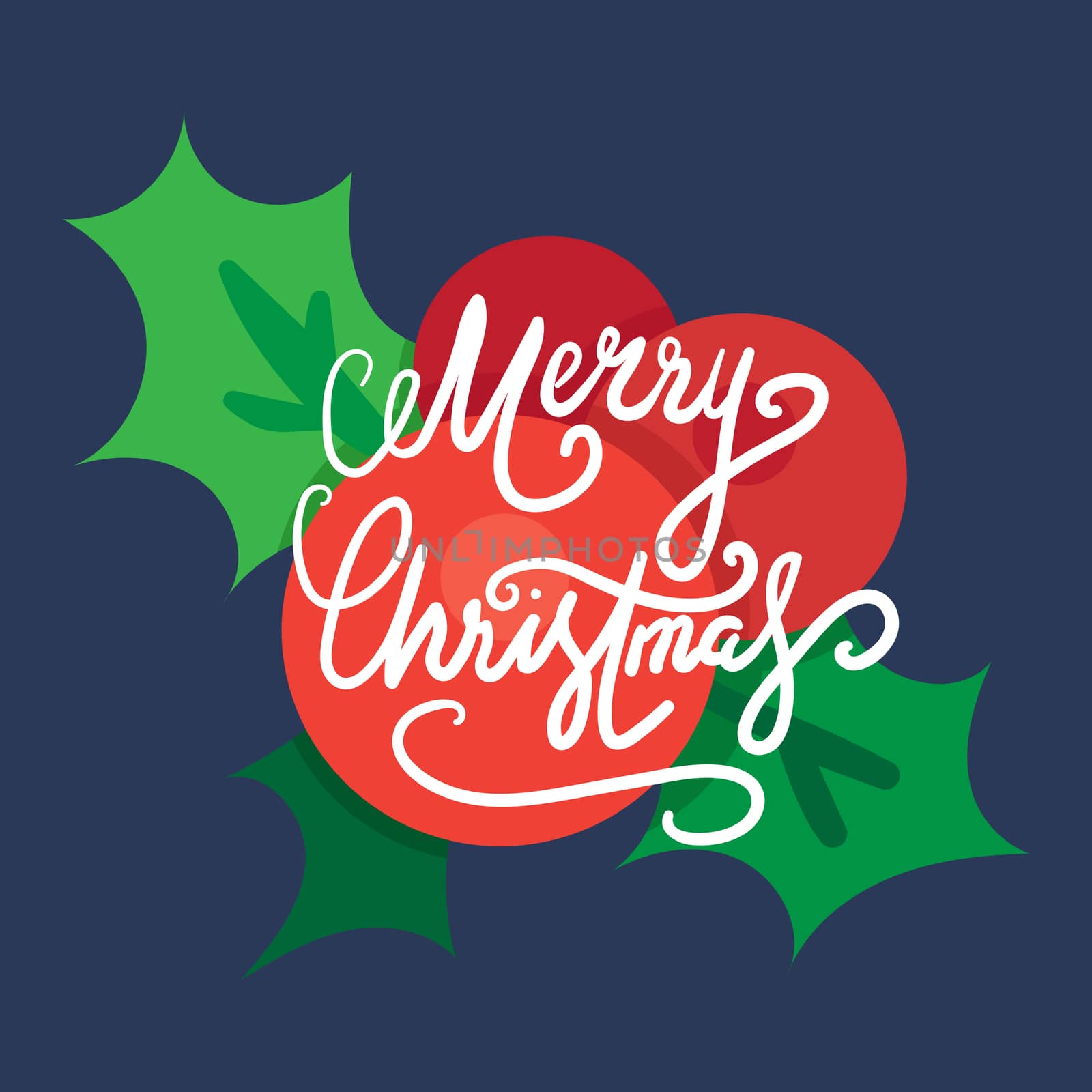 Merry Christmas Hand Drawn Lettering with holly berry illustration. Xmas Design Label Elements for holiday invitation, greeting, card and headline, title, sticker, emblem, print, magnet. Vector