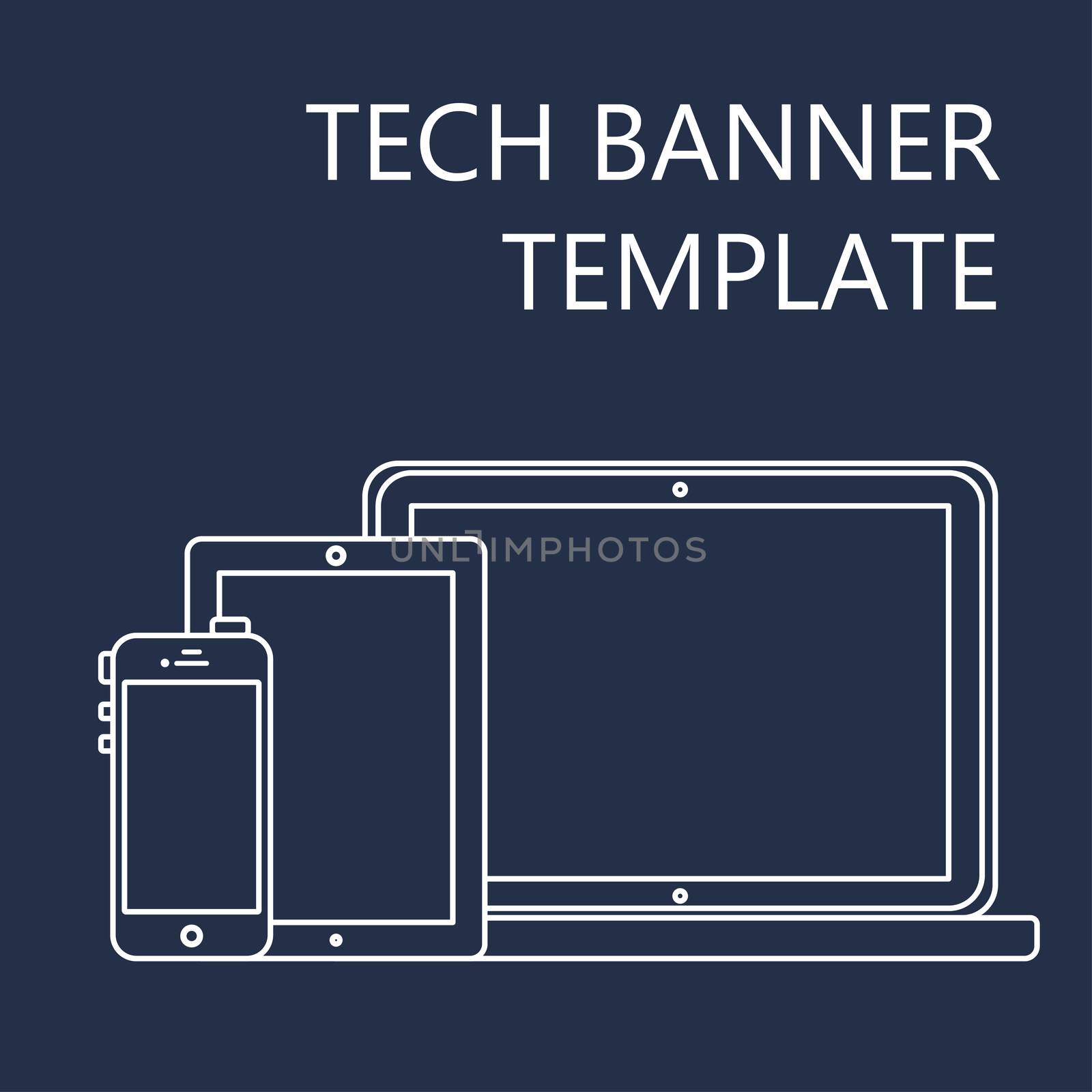 Adaptive Web Phone Template and Gadget Banner on Smartphone, Tablet, Notebook. Outline minimalistic pad, phone, laptop mockups. Vector