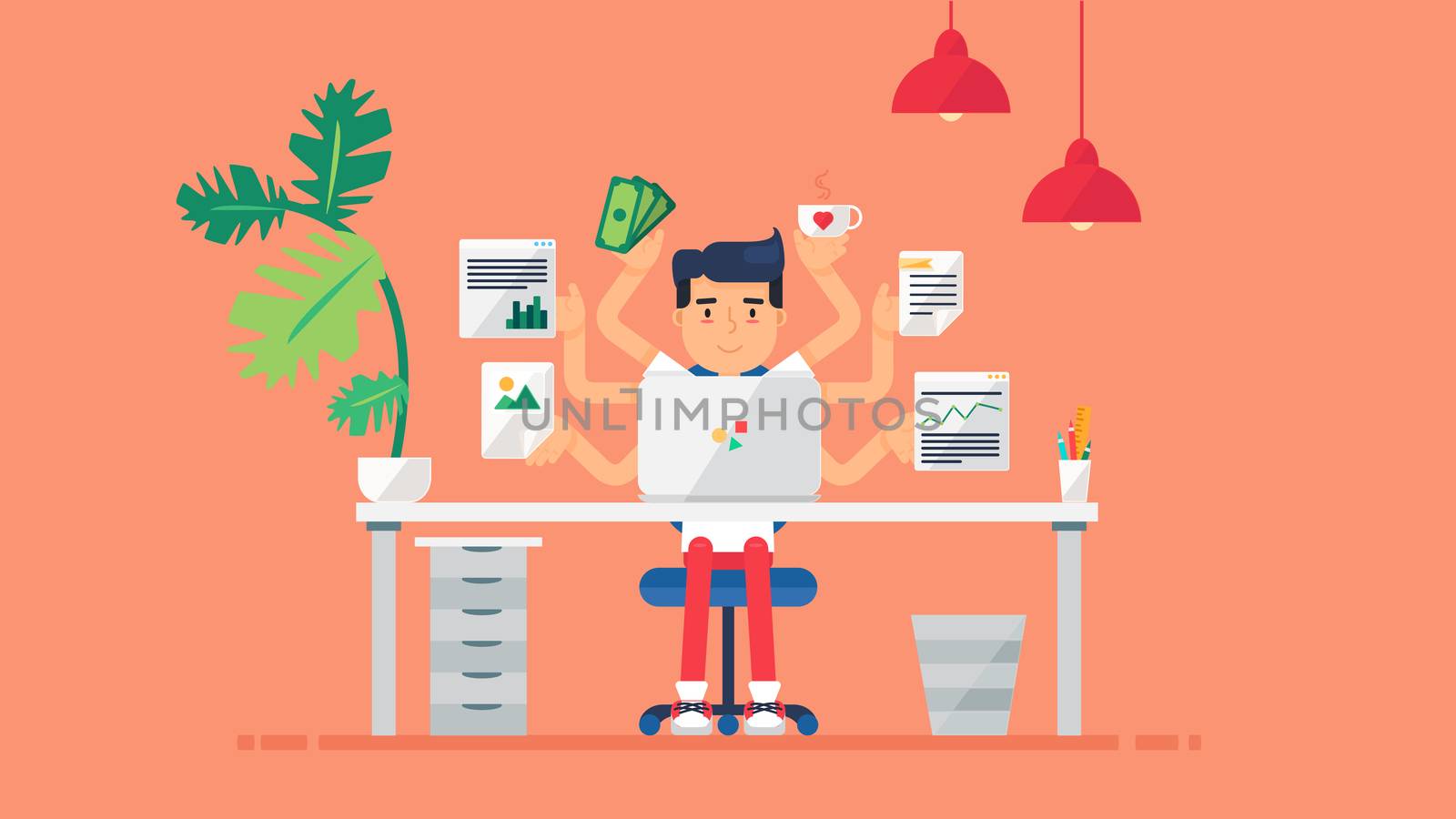 Workspace of Professional Working Developer, Programmer, System Administrator or Designer with desk, chair, notebook Business project or startup concept. Employee office workplace. Vector