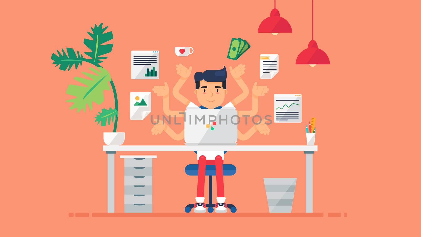 Workspace of Professional Working Developer, Programmer, System Administrator or Designer with desk, chair, notebook Business project or startup concept. Employee office workplace. Vector