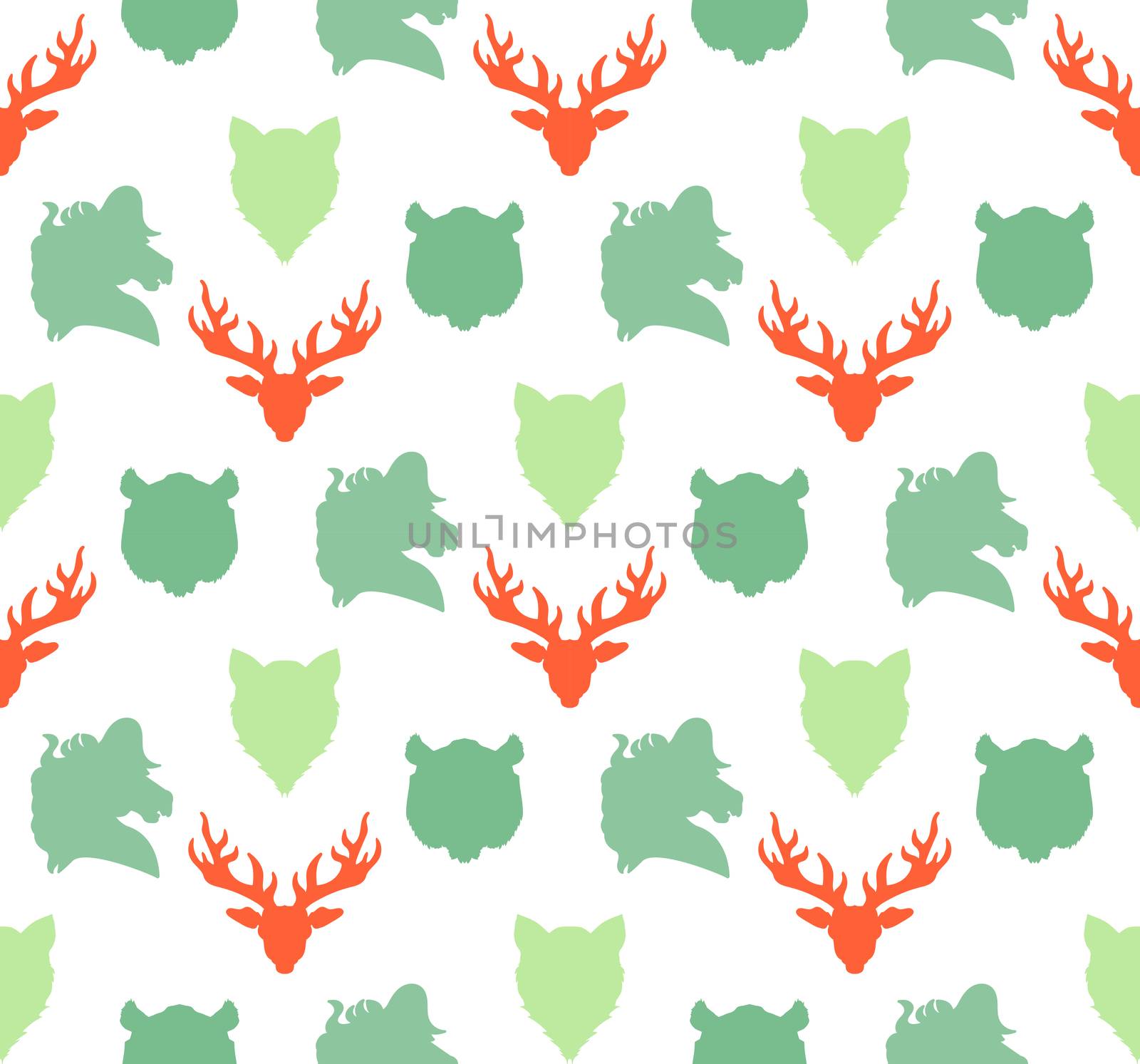 Wildlife seamless pattern. Zoo ornament for print, fabric, cloth, child items and wrap. Nature fauna wallpaper. Silhouettes head animals background. Vector