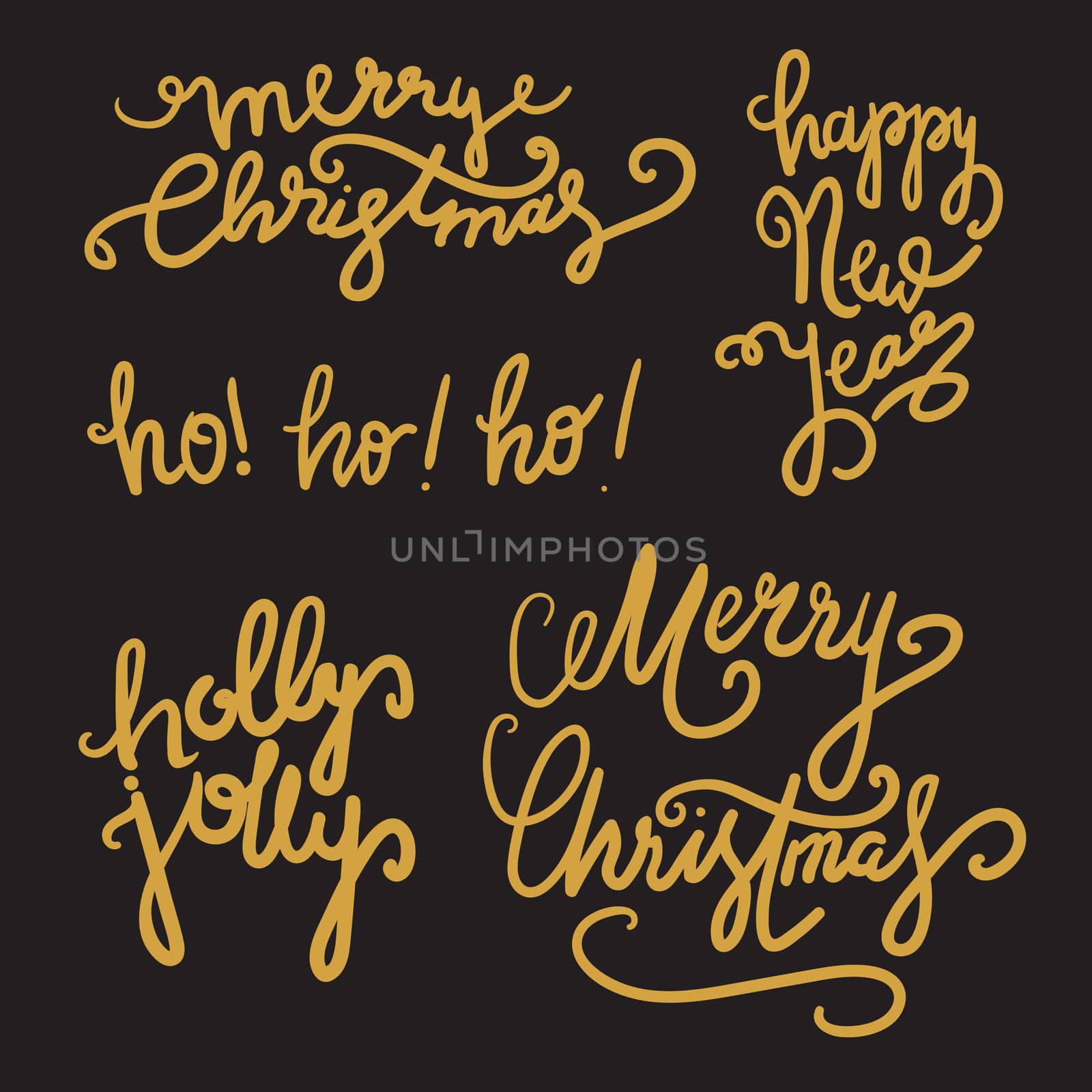 Merry Christmas Gold Hand Drawn Lettering. Happy New Year illustration. Xmas Design Label Elements for holiday invitation, greeting, card and headline, title, sticker, emblem, print, magnet. Vector
