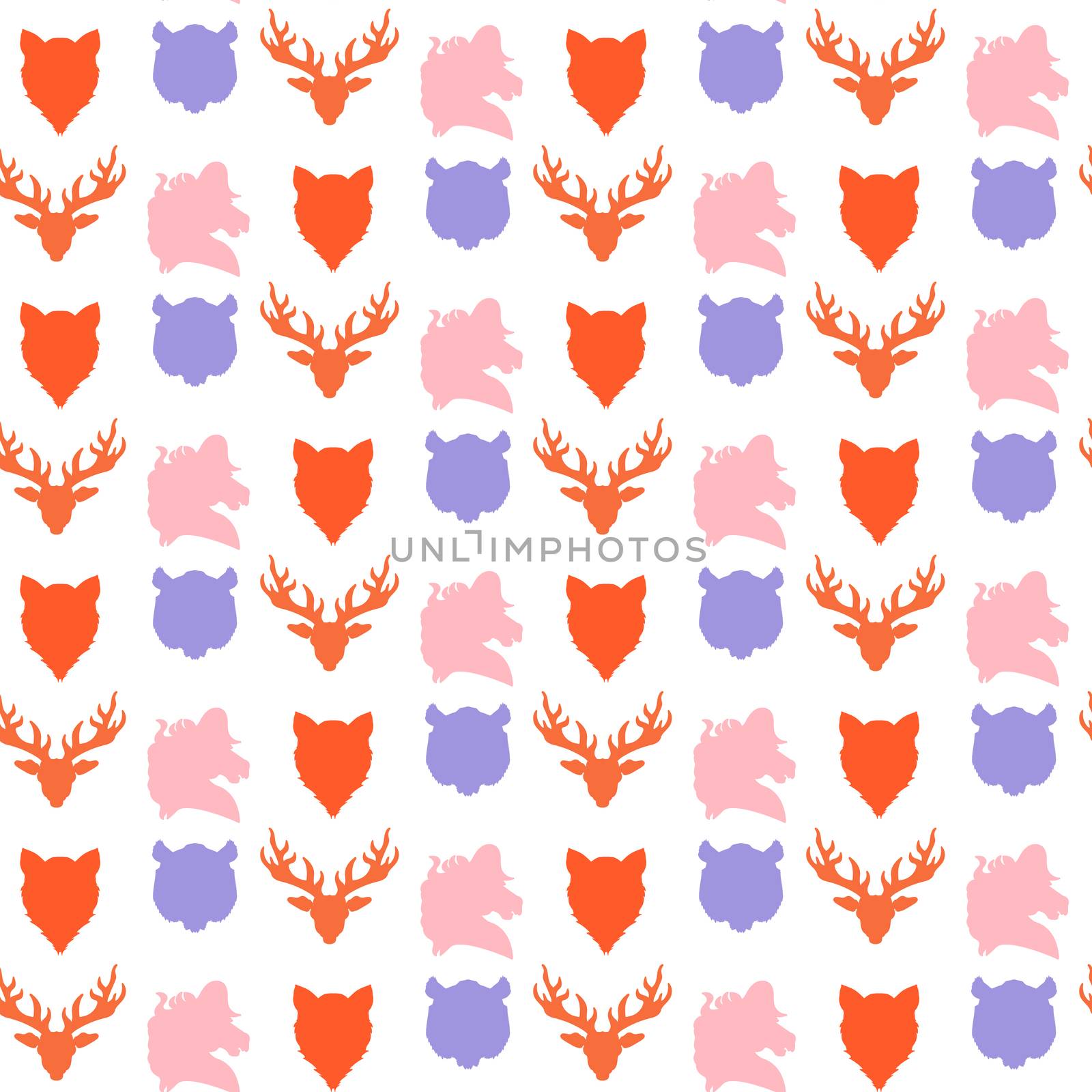 Wildlife seamless pattern. Zoo ornament for print, fabric, cloth, child items and wrap. Nature fauna wallpaper. Silhouettes head animals background. Vector