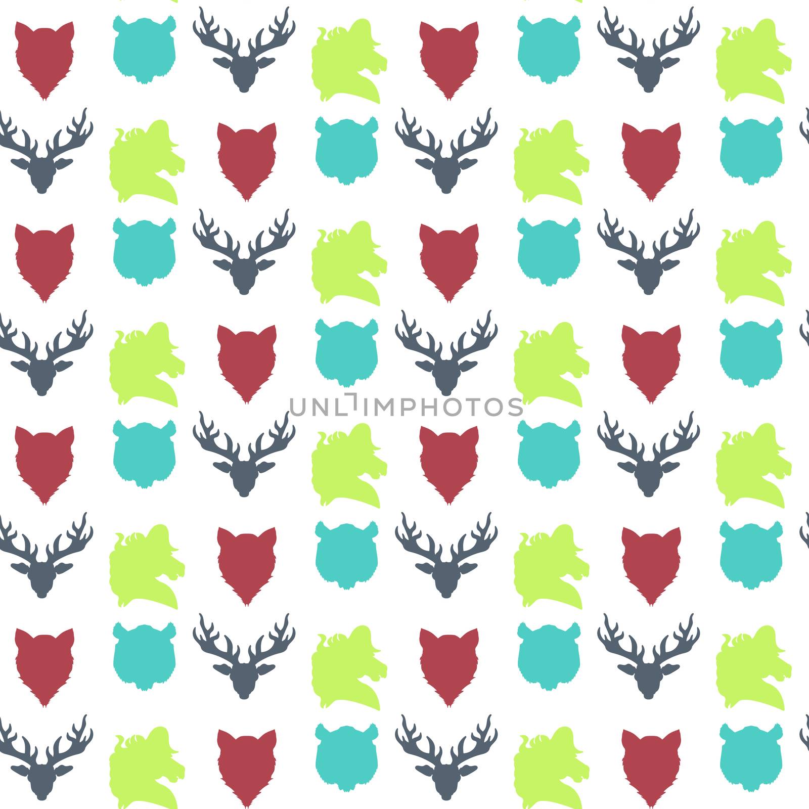 Wildlife seamless pattern. Zoo ornament for print, fabric, cloth, child items and wrap. Nature fauna wallpaper. Silhouettes head animals background. Vector