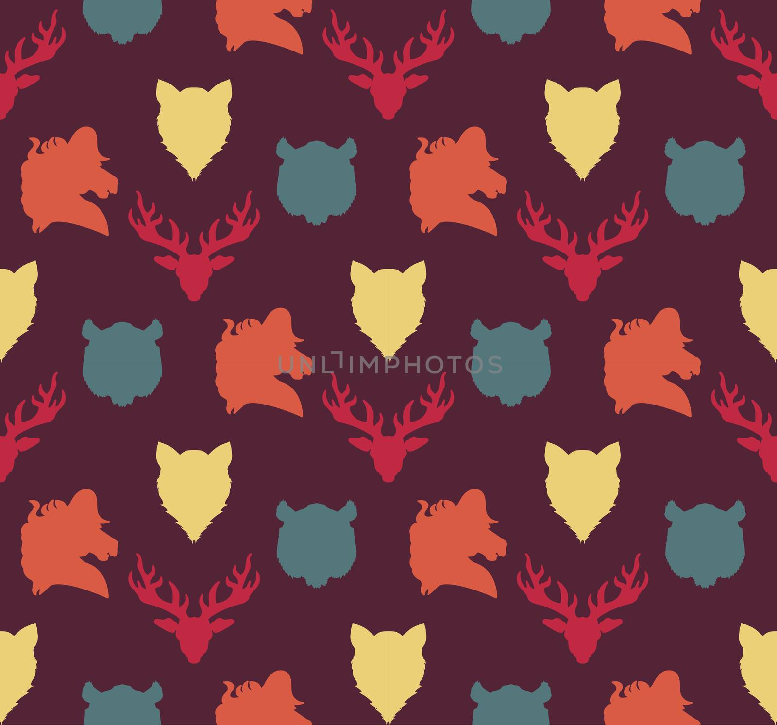 Wildlife seamless pattern. Zoo ornament for print, fabric, cloth, child items and wrap. Nature fauna wallpaper. Silhouettes head animals background. Vector