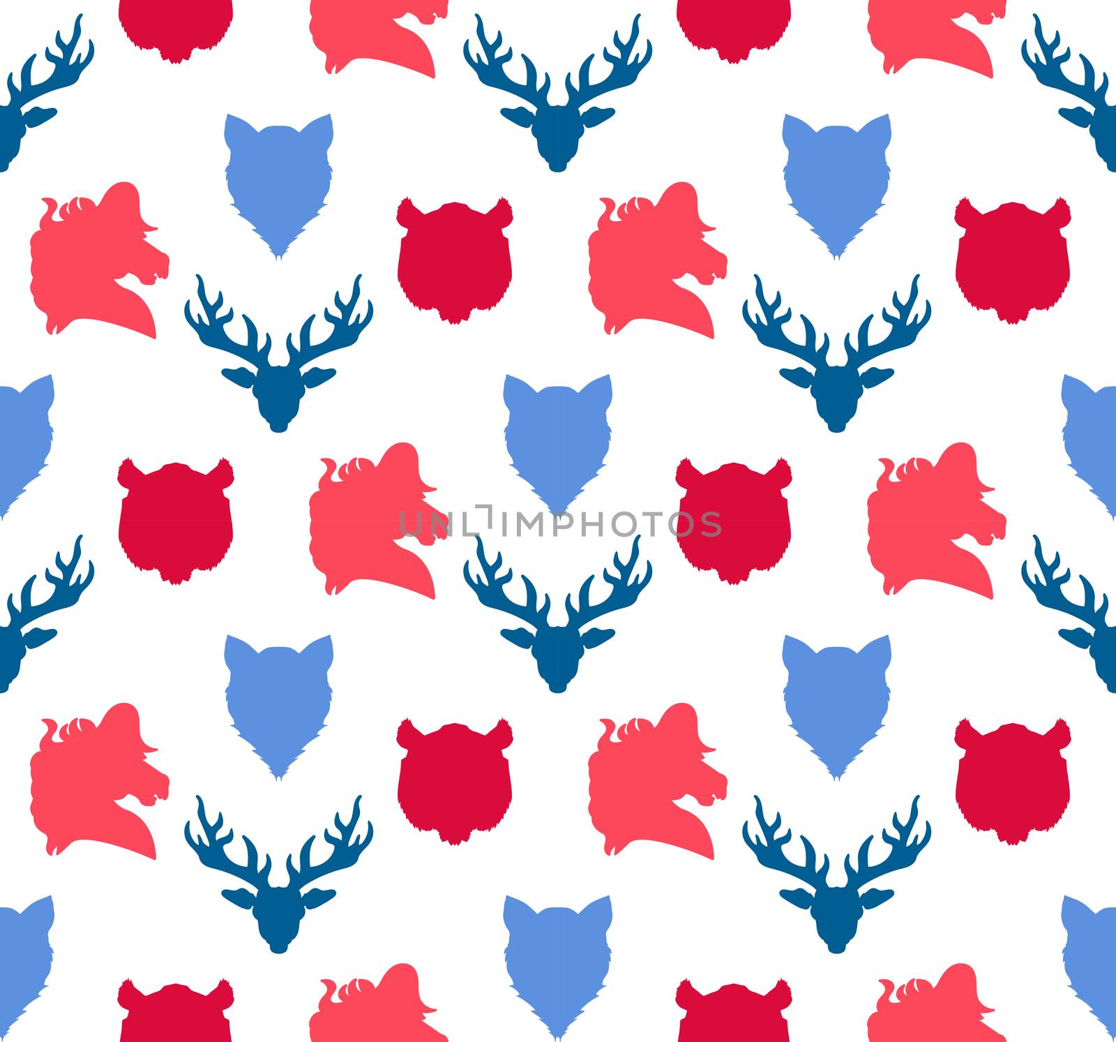 Wildlife seamless pattern. Zoo ornament for print, fabric, cloth, child items and wrap. Nature fauna wallpaper. Silhouettes head animals background. Vector