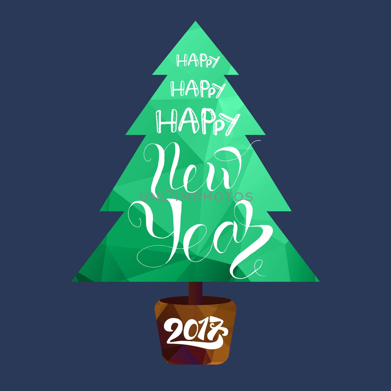 Happy New 2017 Year Lettering in Christmas tree. Winter holiday illustration. Xmas Design Label Elements for invitation, greeting, card and headline, title, sticker, emblem, print, magnet. Vector