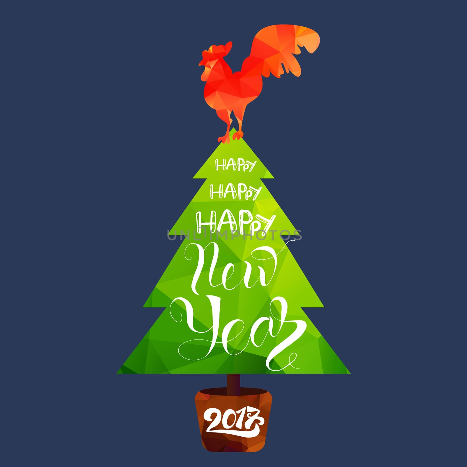 Happy New 2017 Year Lettering in Christmas Tree With Cock. Winter holiday illustration. Xmas Design Label Elements for invitation, greeting card and title, sticker, emblem, print, magnet. Vector