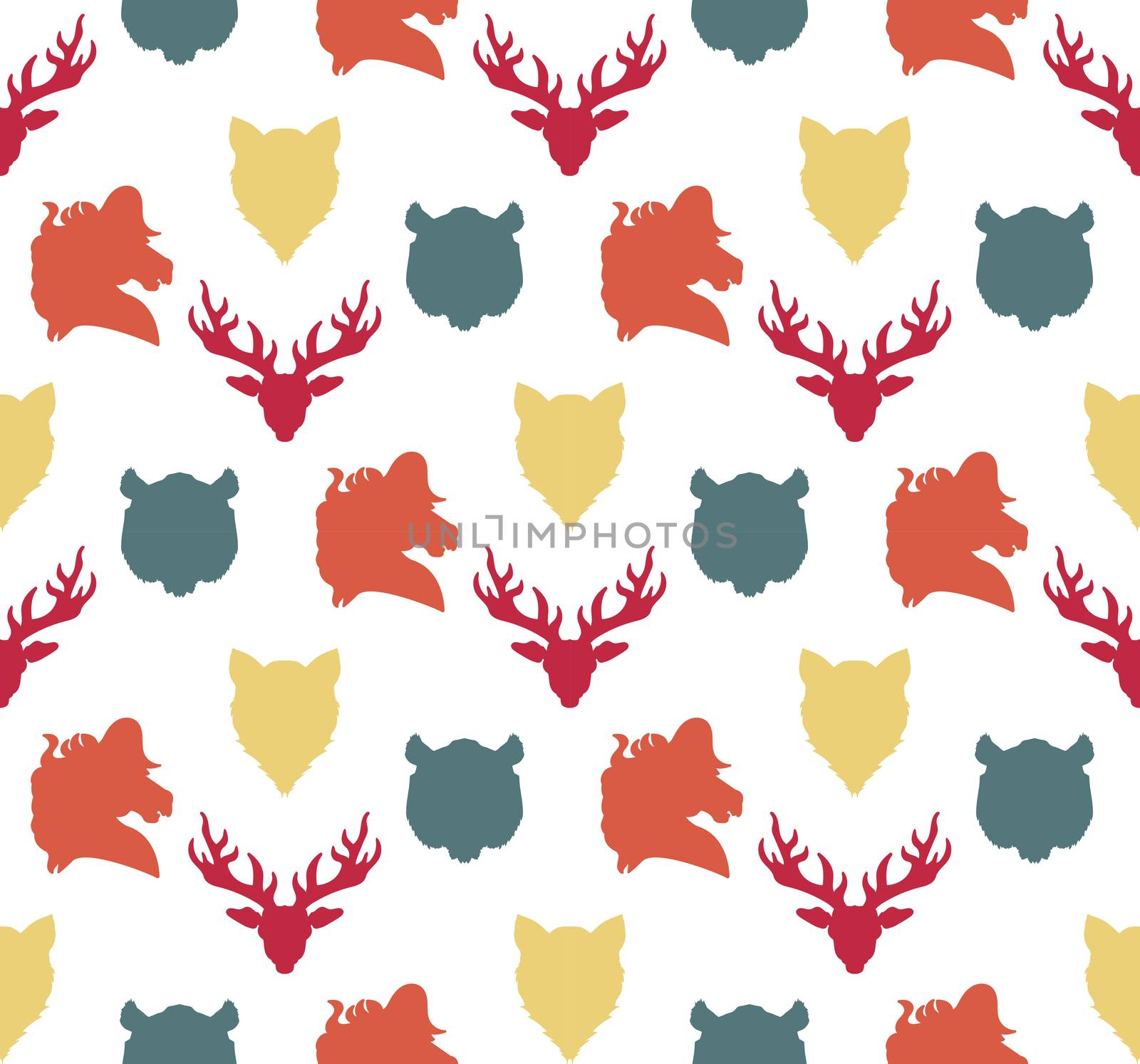 Wildlife seamless pattern. Zoo ornament for print, fabric, cloth, child items and wrap. Nature fauna wallpaper. Silhouettes head animals background. Vector