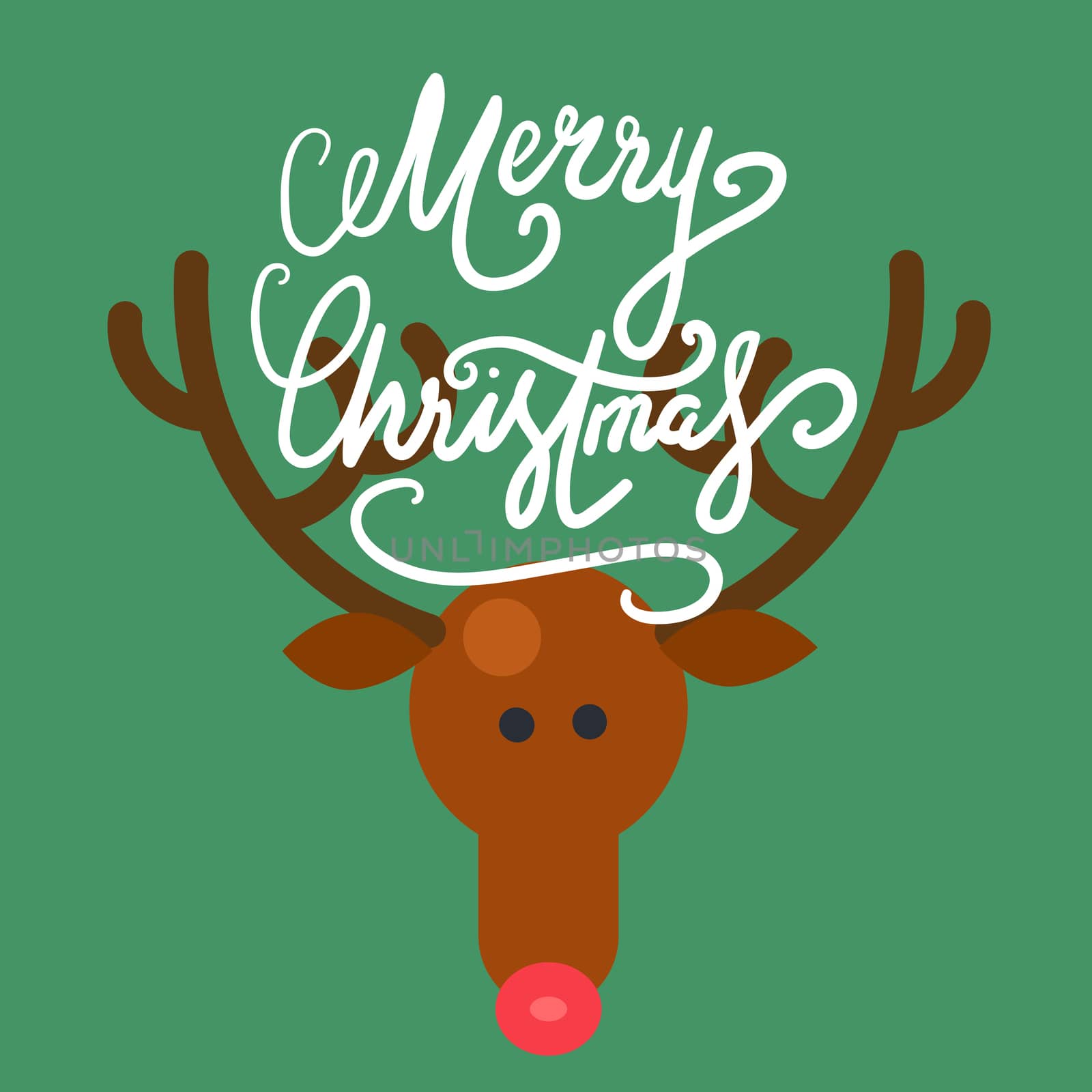 Merry Christmas Hand Drawn Lettering with Happy Deer illustration. Xmas Design Label Elements for holiday invitation, greeting, card and headline, title, sticker, emblem, print, magnet. Vector