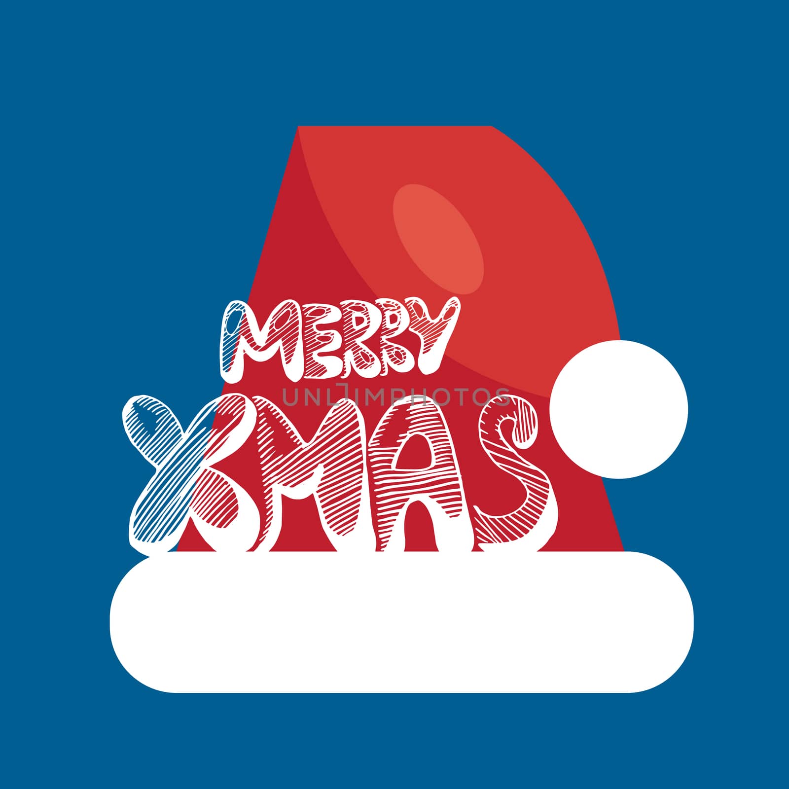 Merry Christmas Hand Drawn Lettering with Santa Claus Hat Illustration. Xmas Design Label Elements for holiday invitation, greeting, card and headline, title, sticker, emblem, print, magnet. Vector