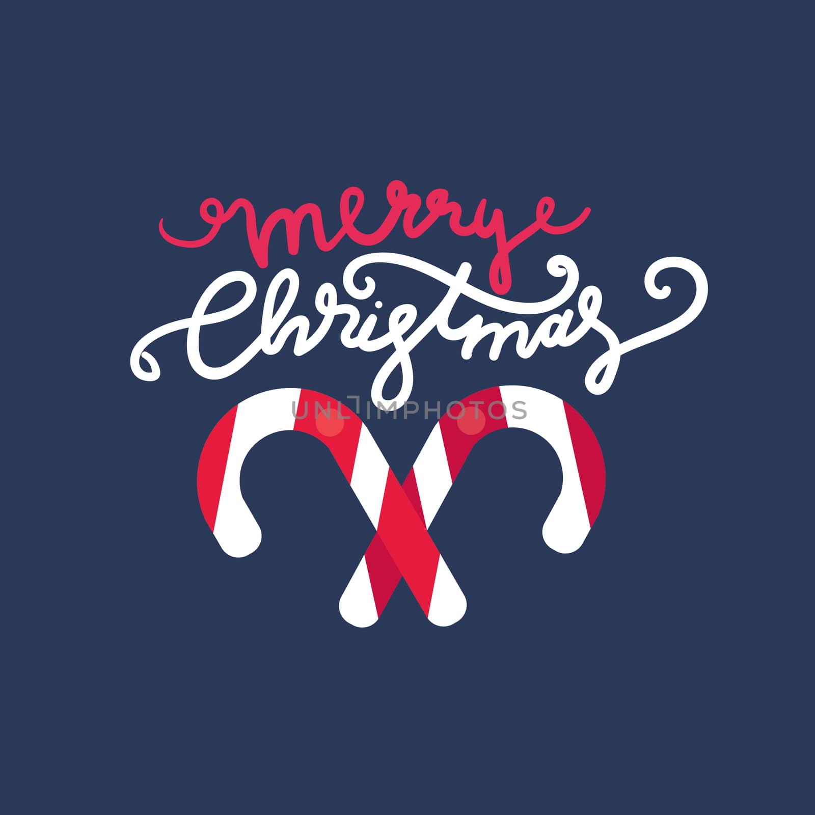 Merry Christmas Hand Drawn Lettering with caramel stick illustration. Xmas Design Label Elements for holiday invitation, greeting, card and headline, title, sticker, emblem, print, magnet. Vector