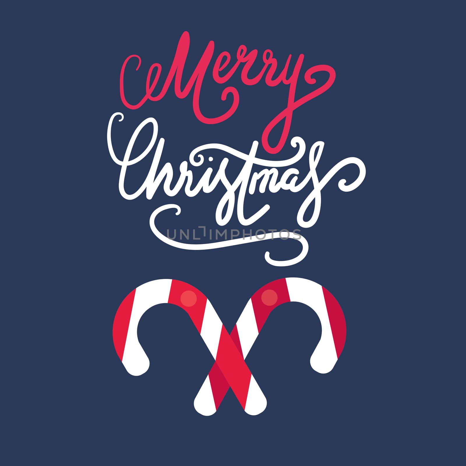 Merry Christmas Hand Drawn Lettering with caramel stick illustration. Xmas Design Label Elements for holiday invitation, greeting, card and headline, title, sticker, emblem, print, magnet. Vector