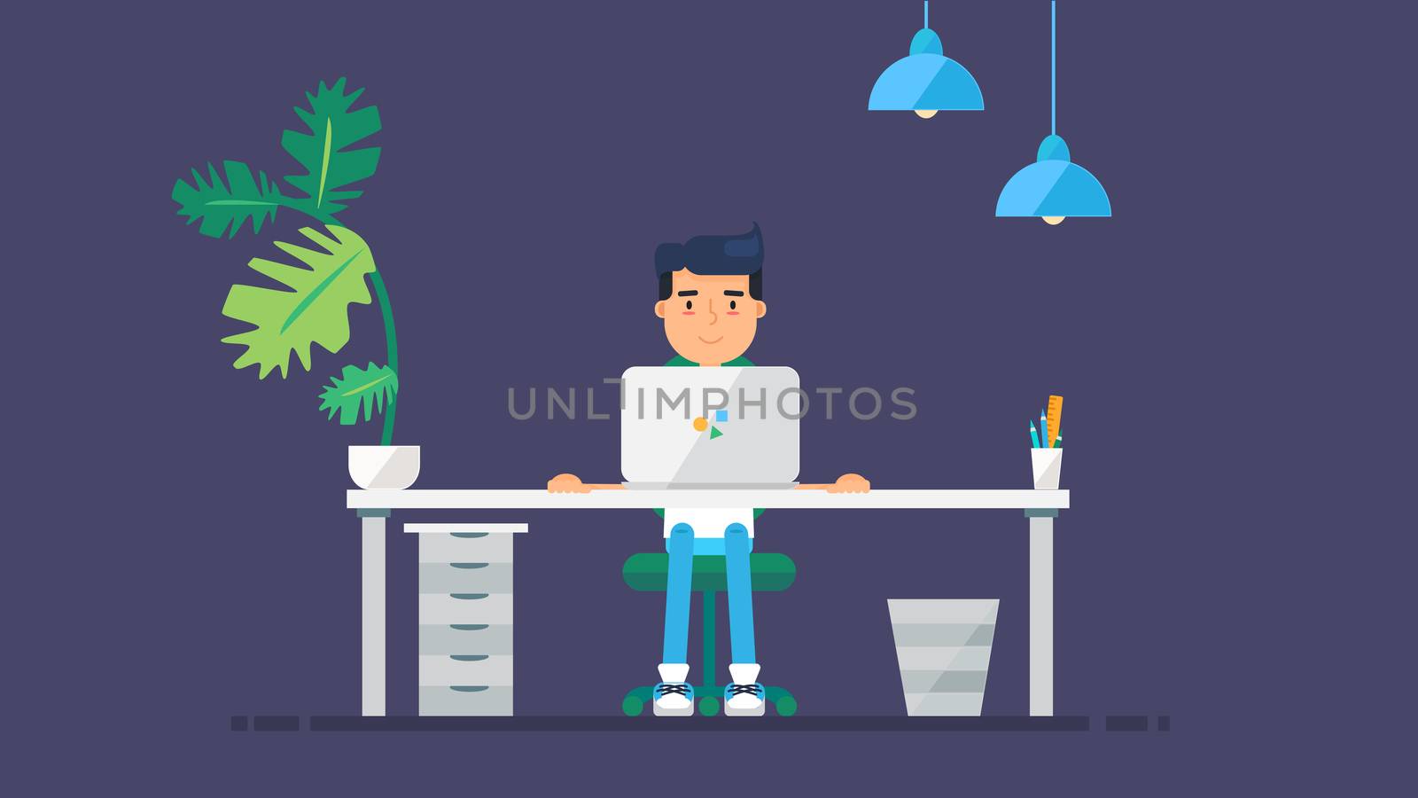 Workspace of Professional Working Developer, Programmer, System Administrator or Designer with desk, chair, notebook Business project or startup concept. Employee office workplace. Vector