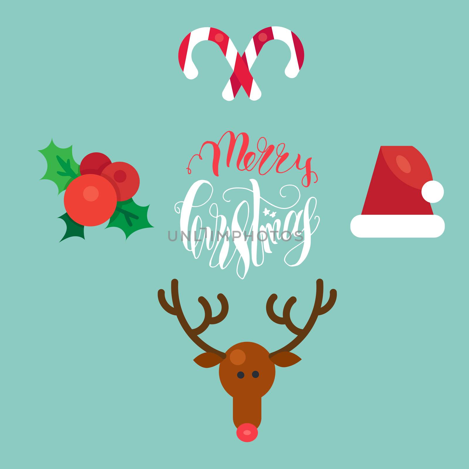 Merry Christmas Hand Drawn Lettering with Happy Deer, Santa Claus Hat, Holly berries, Caramel Wand. Xmas Design Label Elements for invitation, greeting, card and title, sticker, emblem, print. Vector