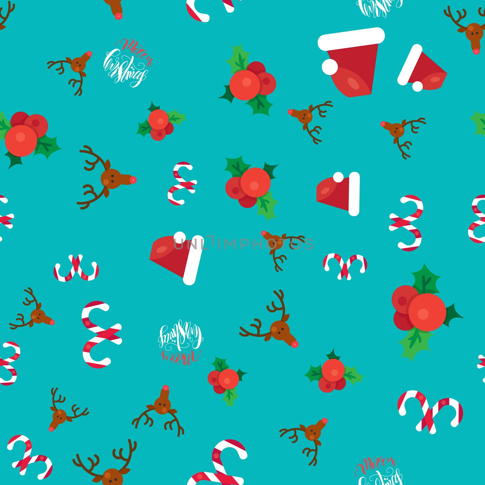 Merry Christmas Seamless Pattern With Hand Drawn Lettering, Happy Xmas Deer, Santa Claus Hat, Holly berries, Caramel Wand. Design Elements for invitation, greeting, card and sticker, print. Vector