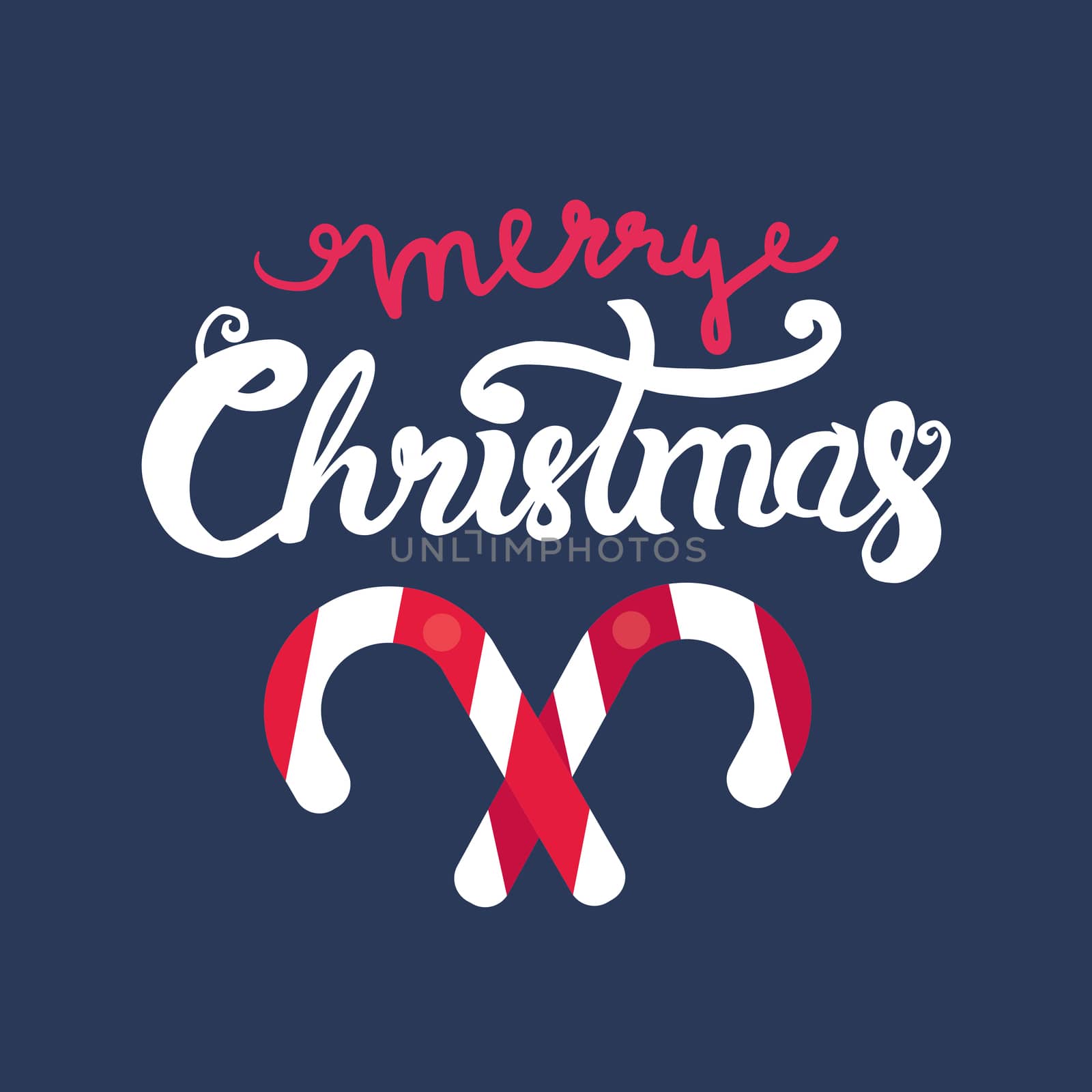 Merry Christmas Hand Drawn Lettering with caramel stick illustration. Xmas Design Label Elements for holiday invitation, greeting, card and headline, title, sticker, emblem, print, magnet. Vector