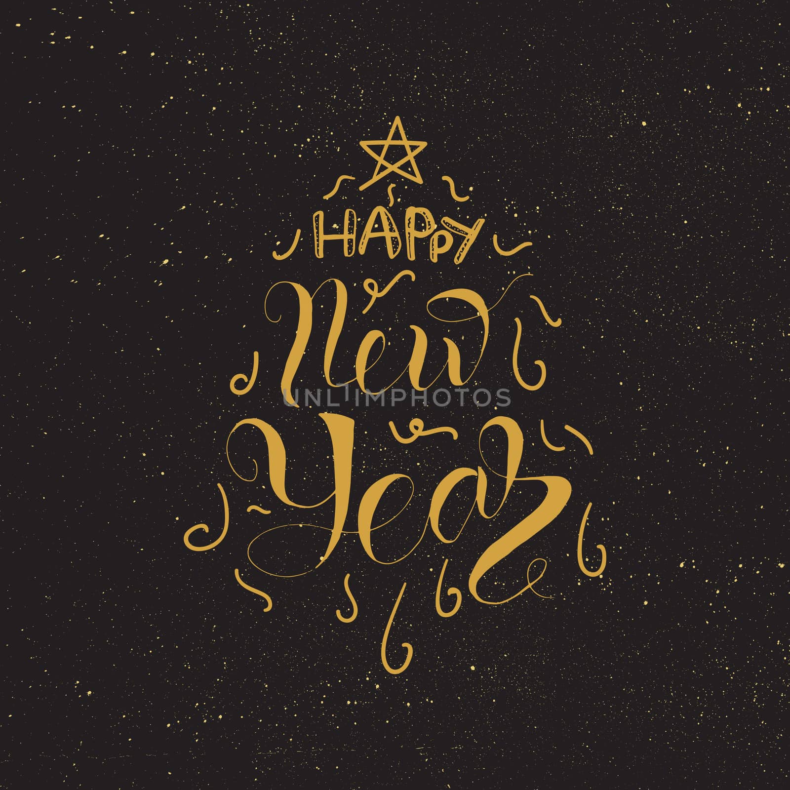 Merry Christmas Gold Hand Drawn Lettering. Happy New Year illustration. Xmas Design Label Elements for holiday invitation, greeting, card and headline, title, sticker, emblem, print, magnet. Vector