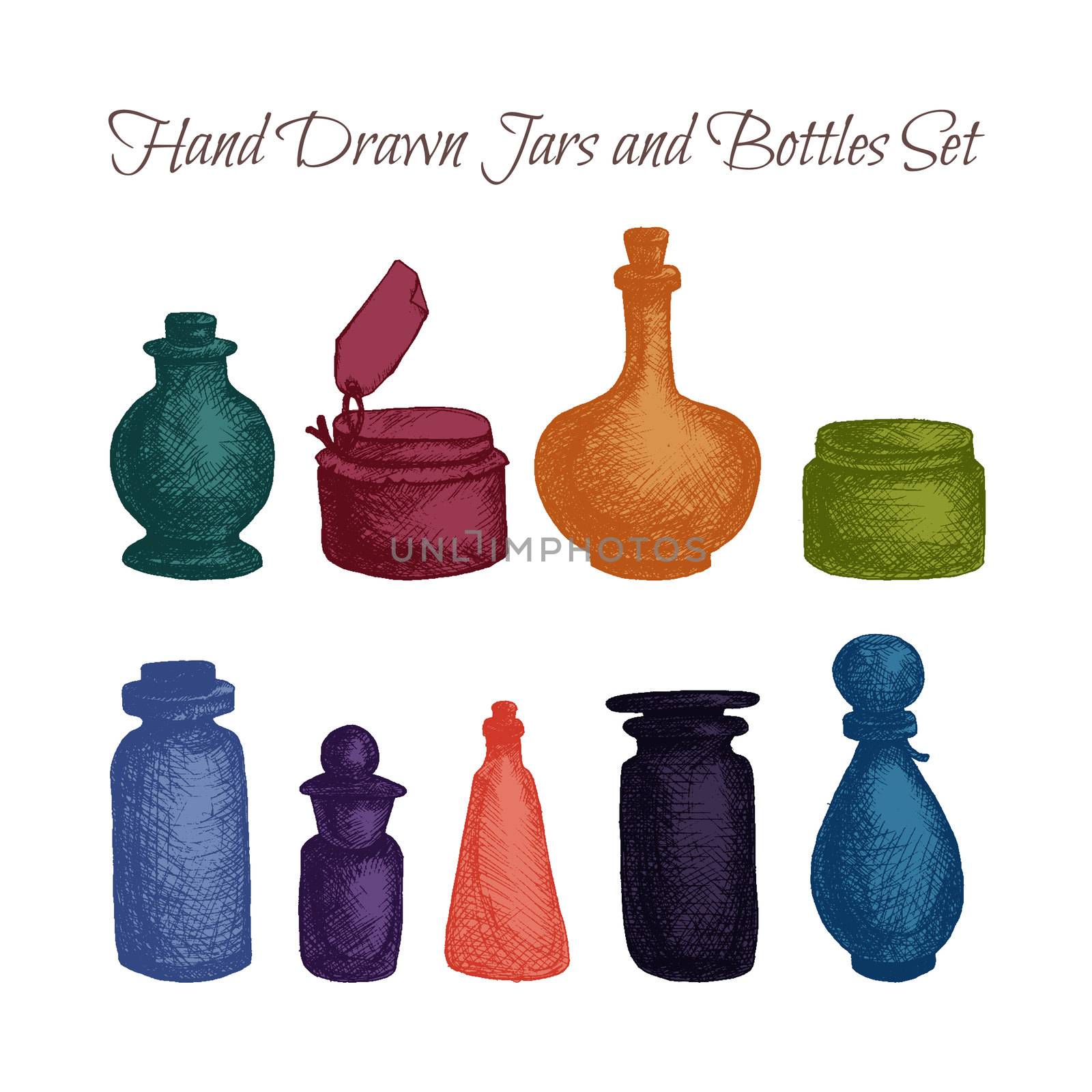 Hand drawn isolated vintage glass jars and bottles set. Containers for jams, food and attar, otto, essential oil, oils and liquid, perfume. Print, wrap, flyer, poster. Vector