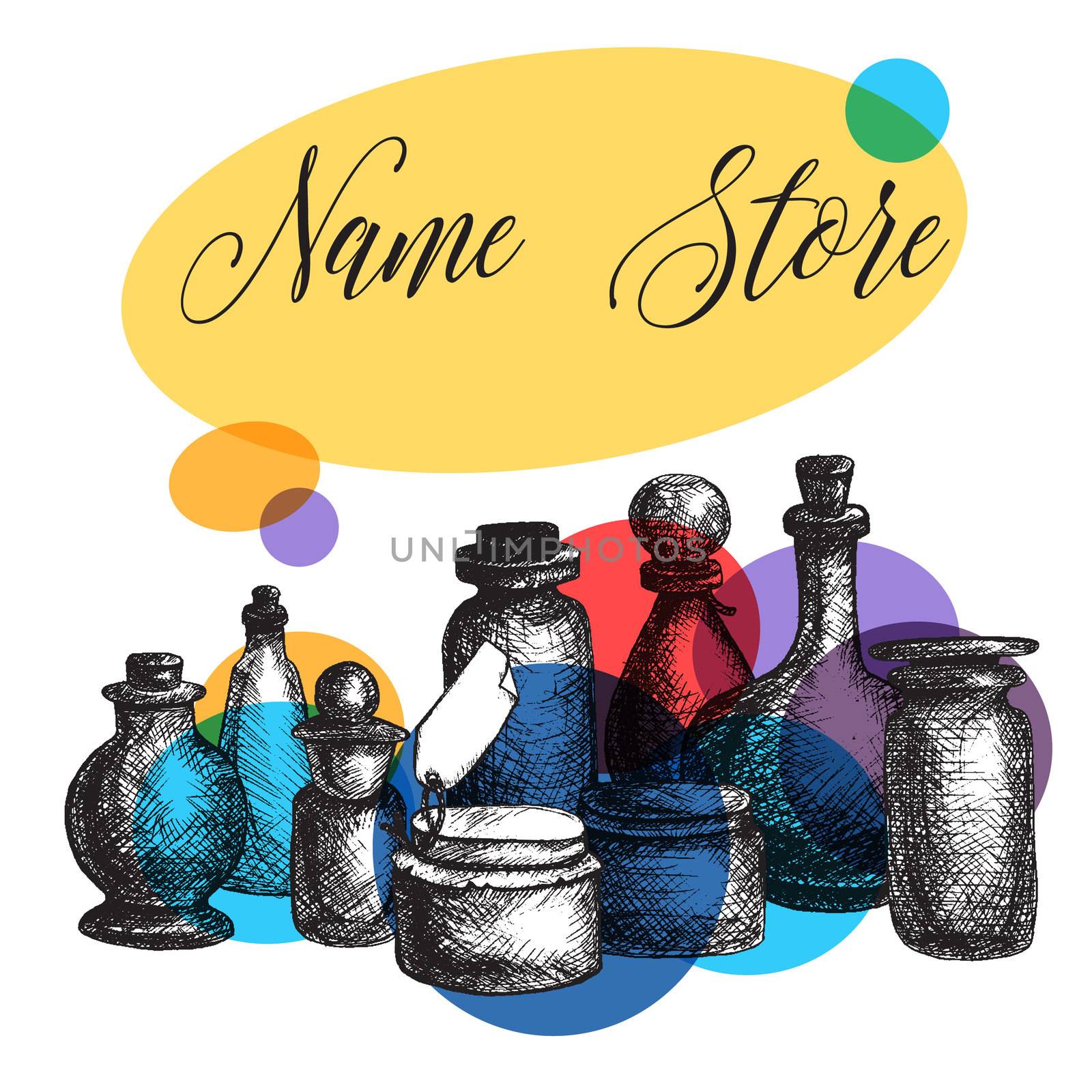 Hand drawn isolated vintage glass jars and bottles set. Containers for jams, food and attar, otto, essential oil, oils and liquid, perfume. Print, wrap, flyer, poster. Vector