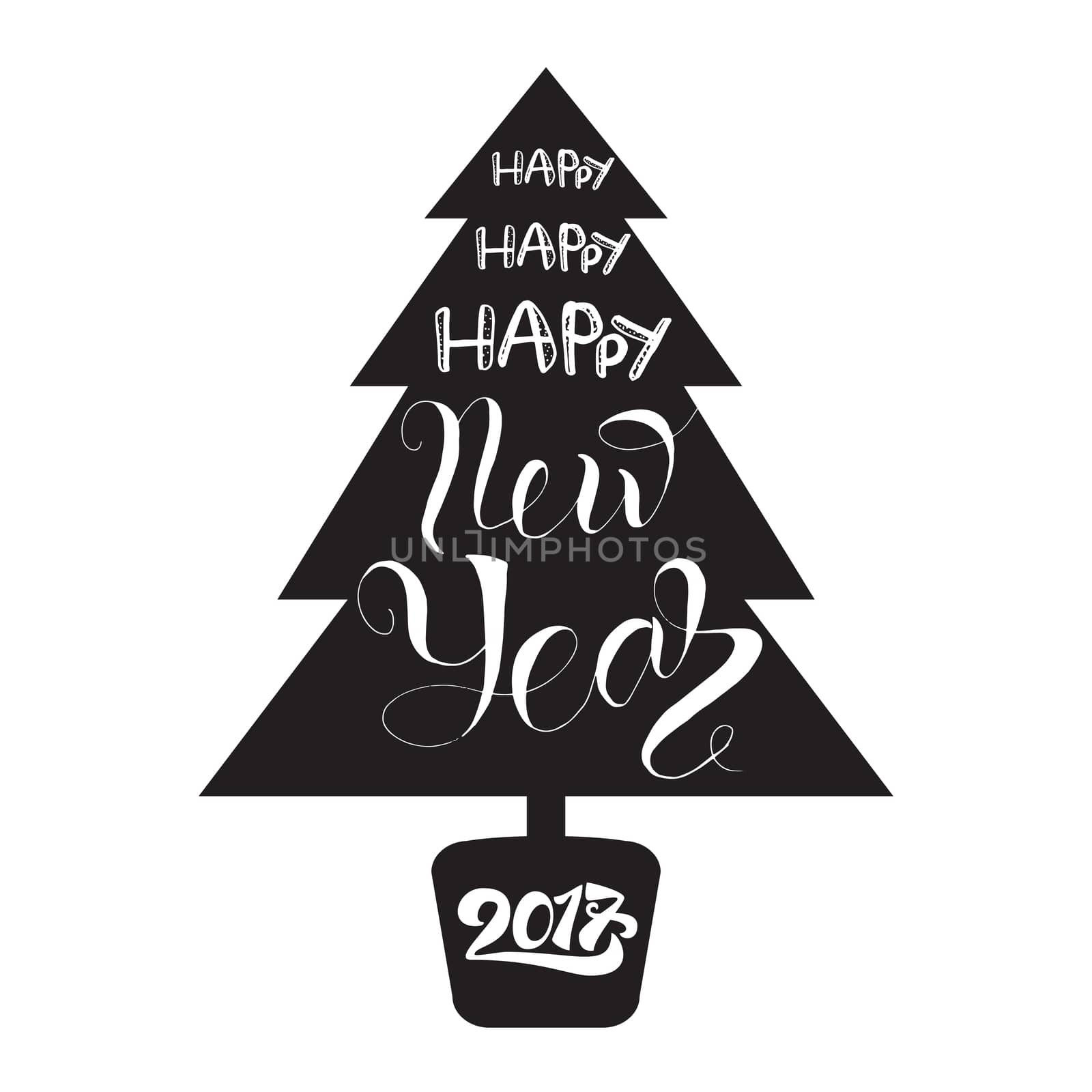 Happy New 2017 Year Lettering in Christmas tree. Winter holiday illustration. Xmas Design Label Elements for invitation, greeting, card and headline, title, sticker, emblem, print, magnet. Vector