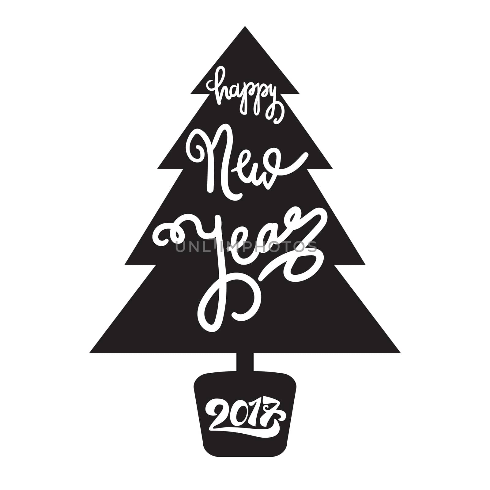 Happy New 2017 Year Lettering in Christmas tree. Winter holiday illustration. Xmas Design Label Elements for invitation, greeting, card and headline, title, sticker, emblem, print, magnet. Vector