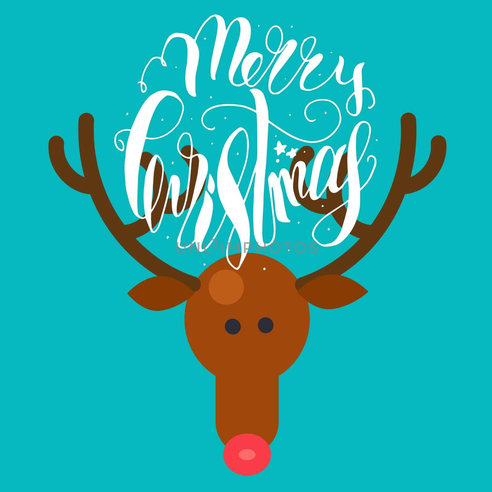 Merry Christmas Hand Drawn Lettering with Happy Deer illustration. Xmas Design Label Elements for holiday invitation, greeting, card and headline, title, sticker, emblem, print, magnet. Vector